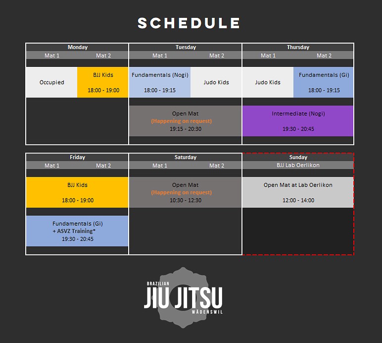Here’s an overview of our weekly schedule! See you on the mats!
#bjj #schedule #timetable #bjjwaedenswil #bjjw