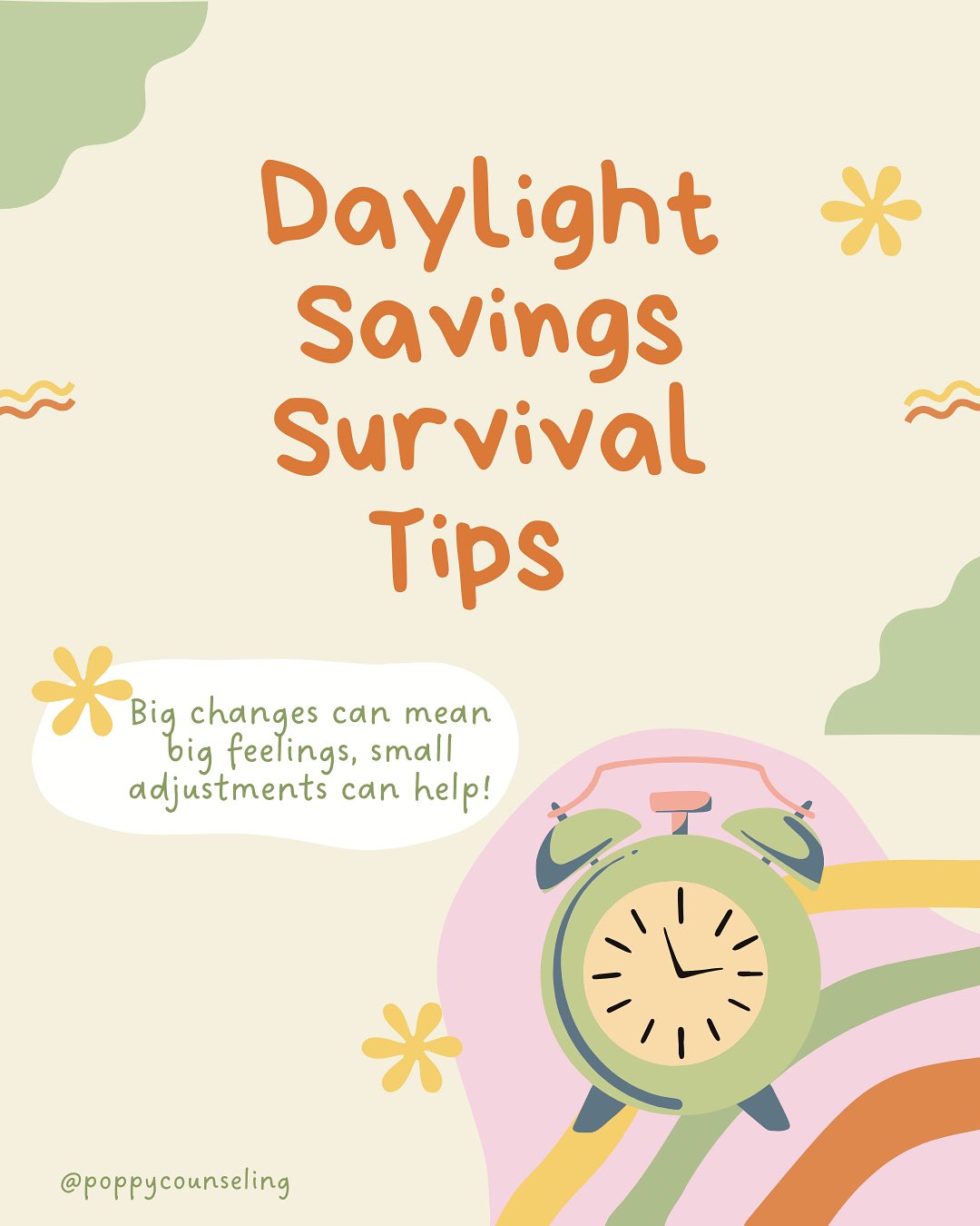Daylight savings can throw off little bodies in a big way. ☀️☀️A steady routine & lots of patience helps kids feel safe during the shift! Small changes can make a big difference.
✨Save this for a smoother transition or send to a friend who might need it ✨
#dallastherapists #daylightssavings #mentalhealth #poppycounseling