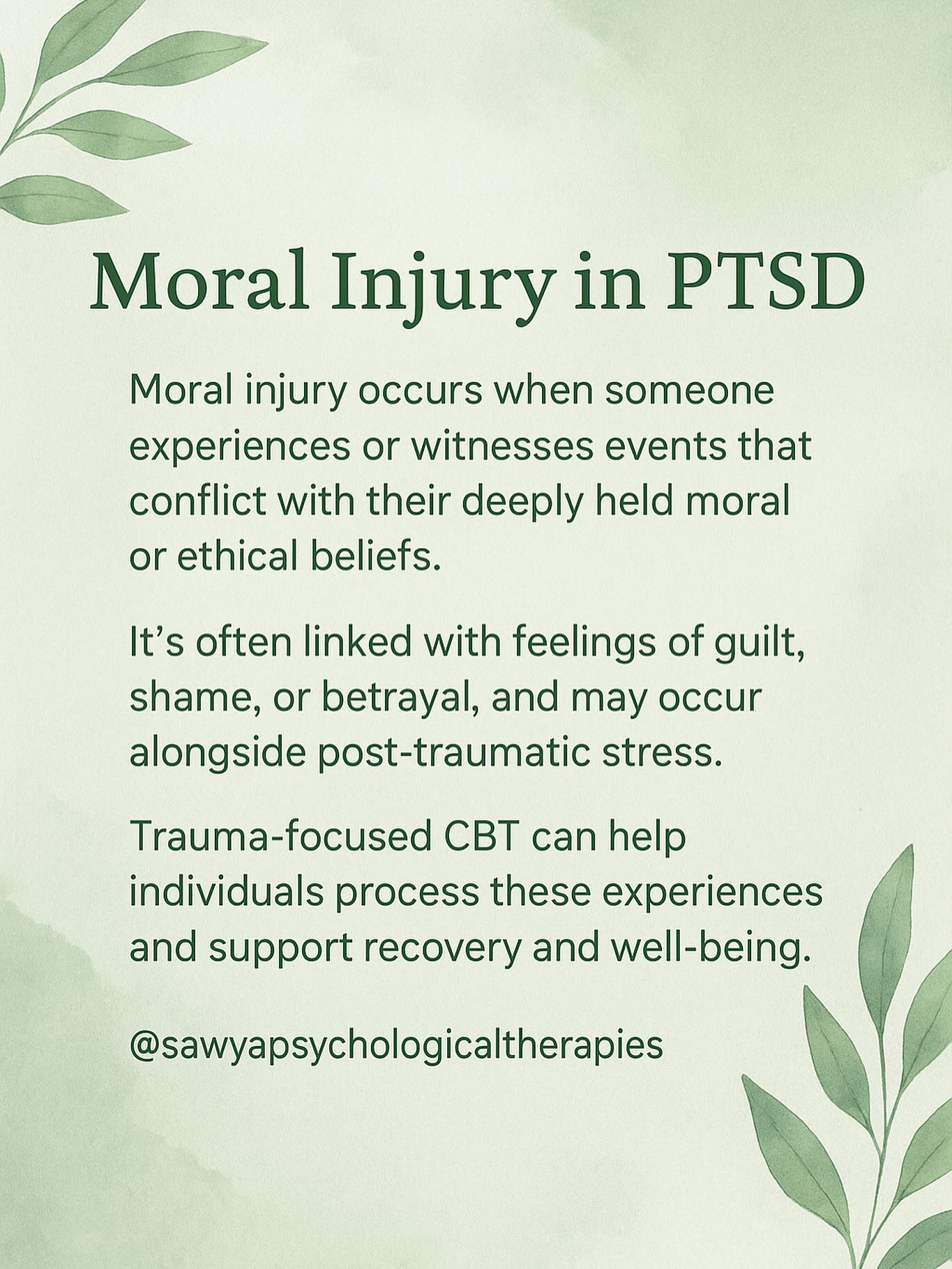Moral injury isnāt a stand alone diagnosis in the DSM-V or ICD-11, but that doesnāt mean it isnāt real.
It describes the deep psychological distress that can arise when our actions, or the actions of others, violate our core moral beliefs.
While itās not a formal diagnosis, moral injury can show up like trauma - with guilt, shame, anger, and disconnection.
The good news is that approaches like trauma-focused CBT (TF-CBT) can help.
If you think this could benefit your or a loved on, please reach out to discuss.
#trauma #traumatherapy #traumatherapist #anxiety #guilt #shame #depression #ptsd #ptsdrecovery #sawyapsychologicaltherapies