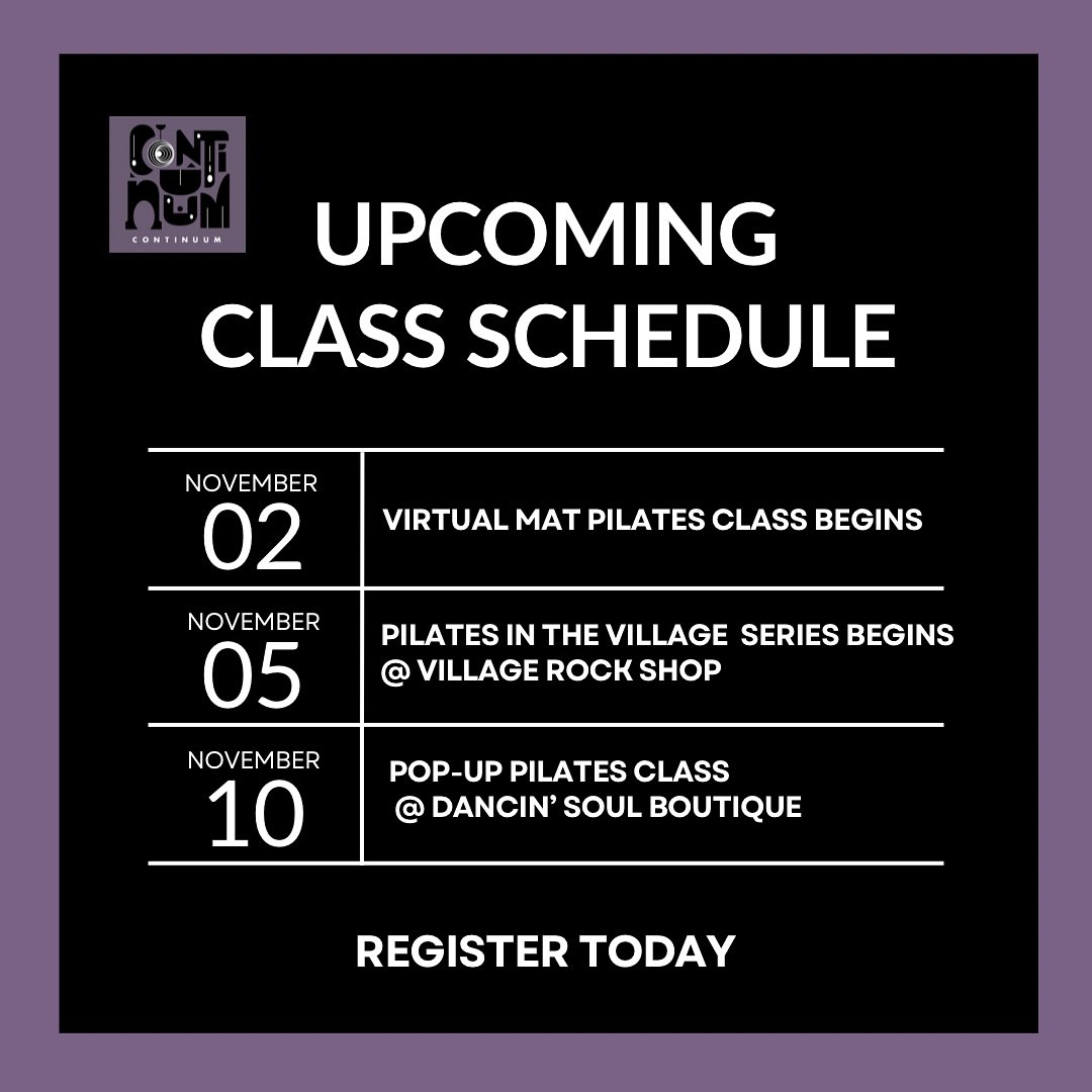 NEW CLASSES ALERT 🚨
Starting a new series of classes in November. I’m excited to share that I will have BOTH virtual and in-person offerings. If you’re interested in training with me and building more body awareness through the Pilayes method, these classes are for you!
Learn more and register by visiting ContinuumArtsPilates.com
Will you be joining? Comment below to let me know!