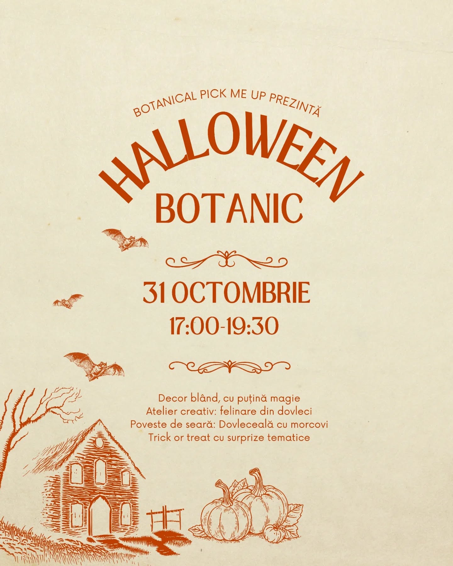 Dragă comunitate,
Vineri, 31 octombrie, între 17:00 și 19:30, ne dorim să petrecem o seară cu puțină magie la spațiul nostru și te așteptăm cu drag! ✨
Un Halloween blând, pentru toate vârstele, cu muzică tematică, băutură caldă de sezon, atelier jucăuș de făurit felinare din dovleci, o poveste haioasă și un Trick or Treat cu surprize dulci de sezon. 🍬
💚 Intrarea este liberă.
Mai multe detalii găsiți în evenimentul din bio.