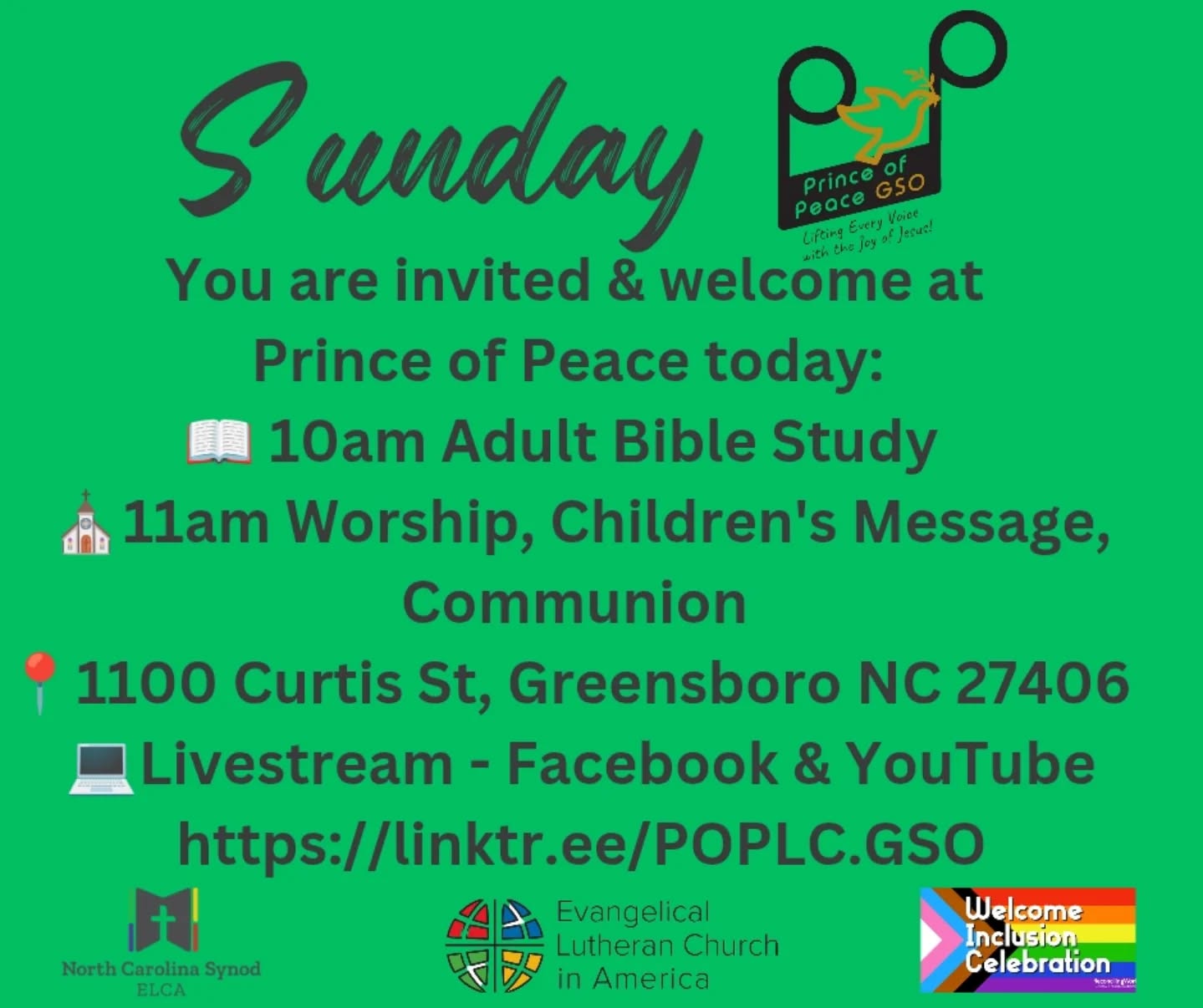 Prince of Peace today:
📖 10am Adult Bible Study
✝️ 11am Worship, Children's Message, Communion
➡️ 1100 Curtis St Greensboro 27406
🖥️ Livestream - Facebook & YouTube
https://linktr.ee/POPLC.GSO
You will find the bulletin and lessons at the linktree above or in bio.