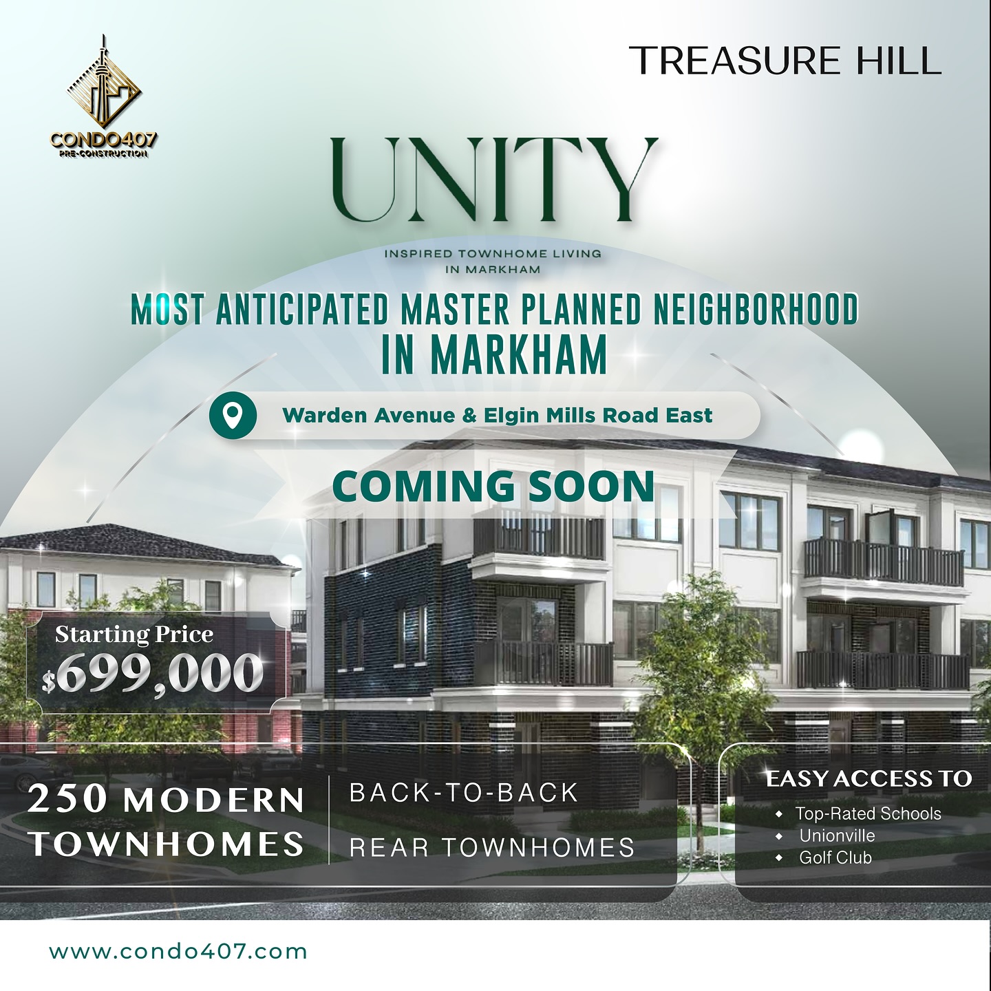 🏠 Unity Markham Towns | REGISTER NOW FOR VIP ACCESS
📍 Warden Avenue & Elgin Mills Road East, Markham
💰 Townhomes starting from $699,000
Highlights
* 250 modern townhomes by Starlane Home Corporation
* Product mix: back-to-back & rear lane townhomes
* Closings: Fall 2026
* Easy access to top-rated schools, Unionville, Angus Glen Community Centre & Golf Club
* Parks, healthcare, diverse dining & entertainment nearby
* Guiding ideal: living with intention, surrounded by beauty.
Design statement: unity unveils a bold new chapter in designer townhome living
📢 Register today & don’t miss this opportunity!
📩 CONTACT ME NOW TO LEARN MORE:
☎️ 416.856.1997
☎️ 416.879.6118
📧 info@condo407.com
🌐 www.condo407.com
#TreasureHillHomes #TreasureHill #unityMarkhamTowns #markham
#OntarioRealEstate #RealEstateAgent #RealEstateCanada #RealEstateInvesting #SpaciousLiving #TorontoHomes #TorontoLuxuryHomes #condo407