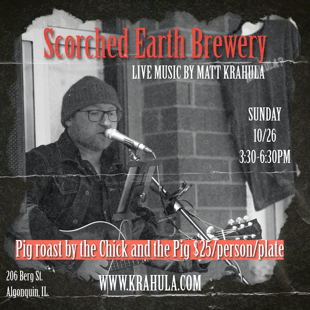I’ll be returning to Scorched Earth Brewing tomorrow for an afternoon pig roast by The Chick and the Pig. Come by for some great food, beer, and music!!
#supportlocalartists #supportlocal #supportlocalbusiness #livemusic #brewery #craftbeer #giglife #altfolk #singersongwriter #songwriter #midwestisbest #sundayfunday☀️ #americana #algonquin #illinois