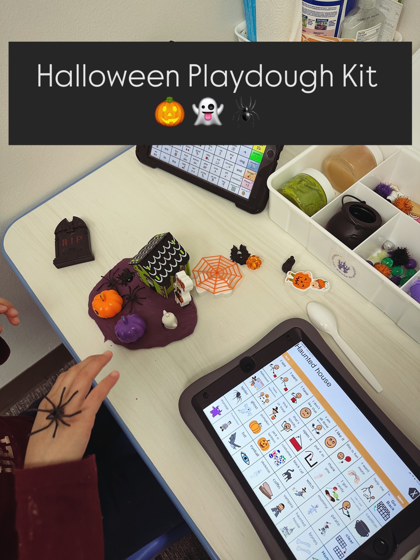 I love using @youngwildandfriedman playdough kits at home and in my sessions. This is the perfect week to bust out the Haunted House kit! I paired it with the Halloween vocabulary/phrases I programmed in the AAC for a fun and easy activity!
#bagwellspeechtherapy #playtherapy #Slp #privatepractice #speechtherapy #speechtherapist