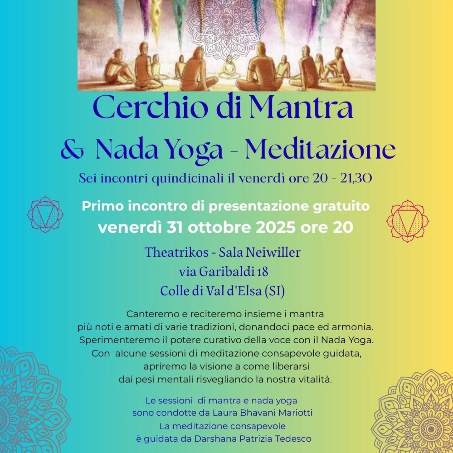 Un bell'appuntamento stasera a Colle Val d'Elsa! Inizieremo un cerchio di Mantra e Laura Bhavani Mariotti ci guiderà mostrandoci i sentieri di luce del Nada Yoga:
La nostra voce per guarire!
#mantrayoga #nadayoga #krishnamantra #shivamantra🕉️ #collevaldelsa #yogadelsuono #cerchiodivoci #mantratradizionali