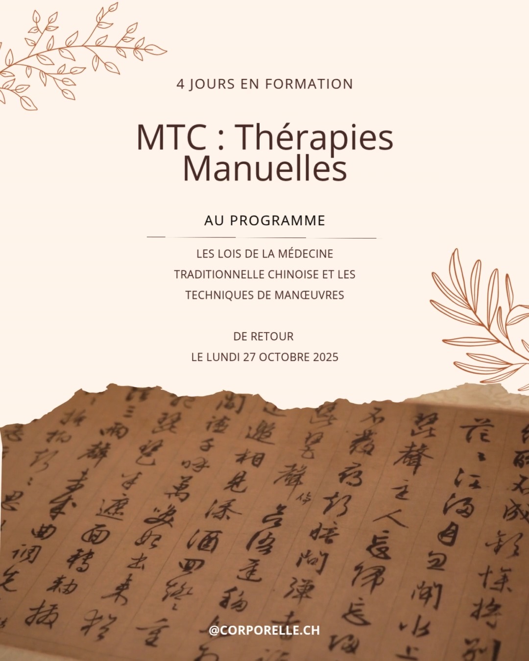 🌸 Évoluer pour mieux vous accompagner 🌸
À partir du 23 octobre, je débute une nouvelle étape de formation ! 🌿
Je désire approfondir mes connaissances avec cette formation en Méthodes Manuelles selon la Médecine Traditionnelle Chinoise. Elle me permettra d'aller à la découverte de l’acupressure et de différentes méthodes manuelles telles que le massage des tissus, les ventouses et les moxas — des approches douces et naturelles visant à rétablir l’équilibre énergétique du corps. ✨
Ces nouvelles connaissances viendront compléter et enrichir les soins que je propose déjà, afin de vous offrir un accompagnement encore plus global et harmonieux 💗
Le cabinet sera donc fermé encore 4 jours, et je serai de retour dès le 27 octobre.
🌿 Hâte de vous retrouver, inspirée et remplie d’une belle énergie.
📍 Cabinet Corporelle.ch – Brigitte Borloz – Hameau de la Gare - Les Diablerets
🌐 Réservation en ligne : www.corporelle.ch/reservations
📱 Pour me joindre : +41 77 481 02 85 ou email : info@corporelle.ch
Thérapeute agréée ASCA et RME (selon les soins)
@arcad_lesdiablerets
@diablerets
@therapeutes.ch