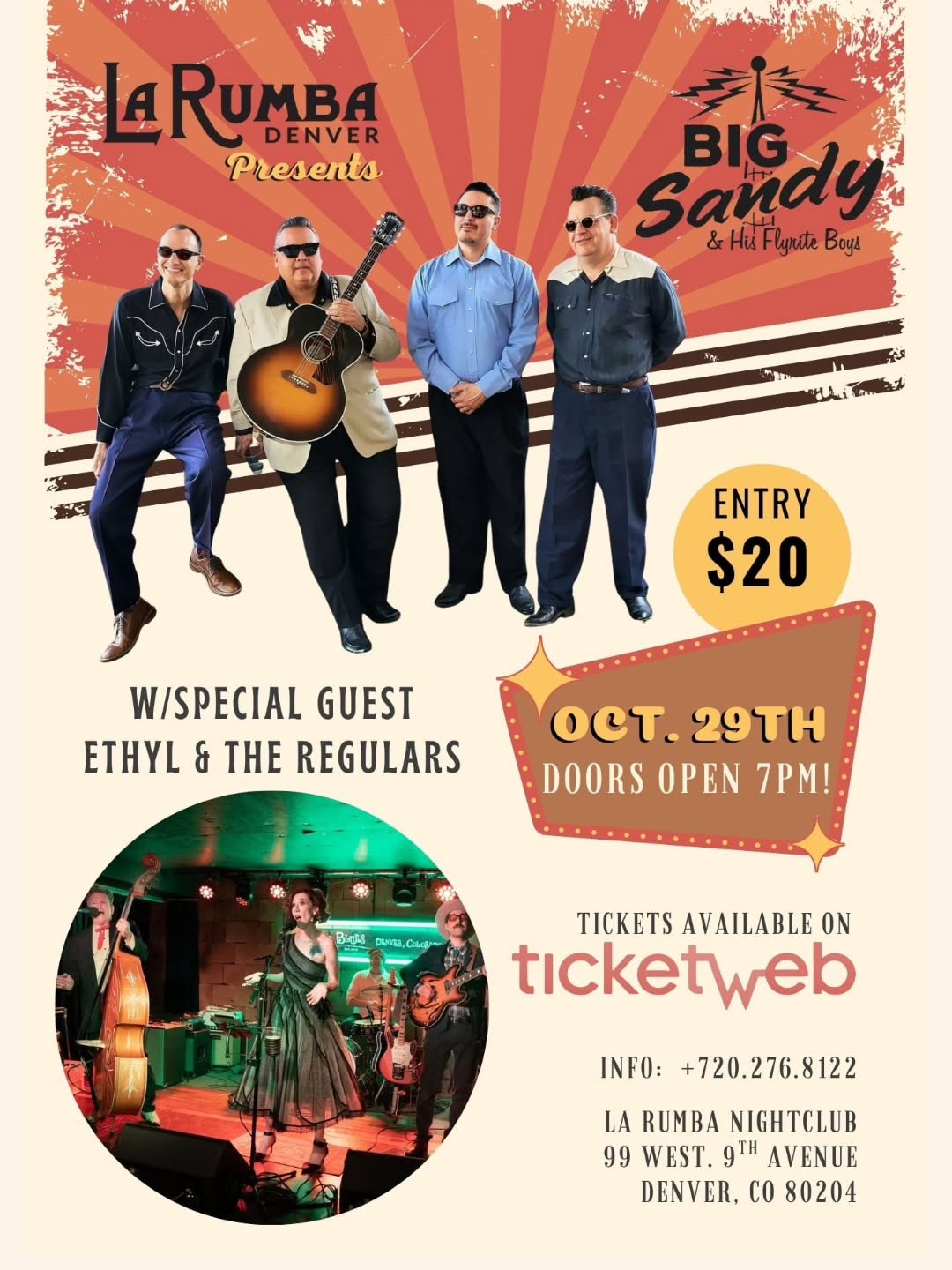 put your dancin' shoes on & come check out rockabilly legend @mrbigsandy and his fly rite boys!
@larumbadenver
#bigsandyandhisflyriteboys
#ethylandtheregulars
#denverrockabilly
#bourbon
