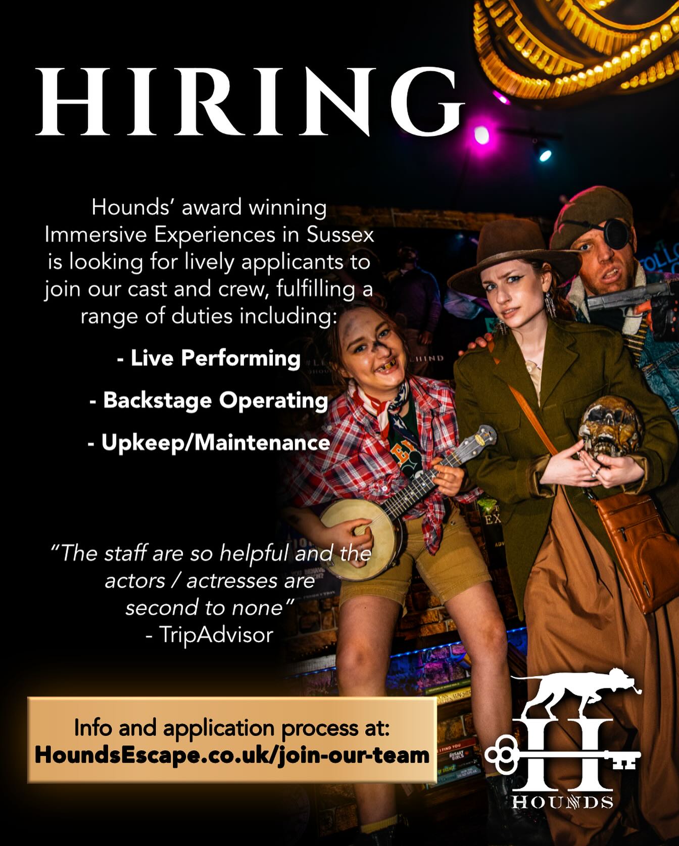 It’s that time again! Applications are OPEN! 📄
Hounds is on the lookout for excellent applicants to join our extraordinary cast and crew. Auditions will be held on Nov 13th at 7:00pm.
Visit the “Join Our Team” page on our website for position and application info.
We can’t wait to hear from you!
#hiring #jobopportunity #actorswanted #hiringuk