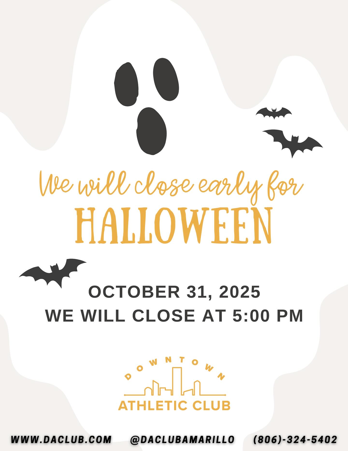 Get your workouts in before the candy! 🍬
We’ll be closing early at 5:00 PM on Halloween, Friday, October 31st!