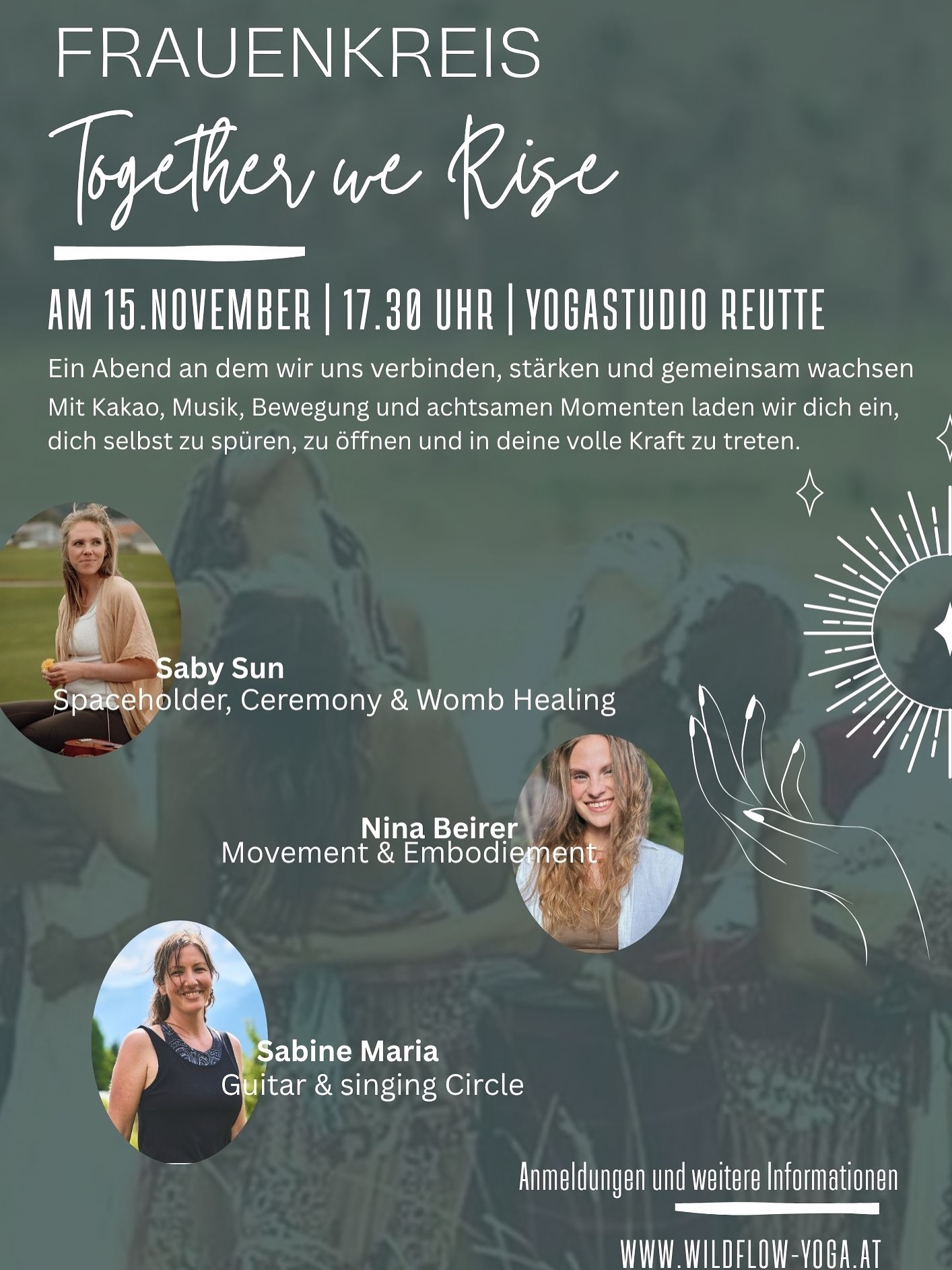 ✨ Together we rise – Frauenkreis in Reutte ✨
Am 15. November laden wir dich ein, mit uns in einen heilsamen Abend der Verbindung einzutauchen.
Ein Raum, in dem du nichts leisten musst, sondern einfach sein darfst – mit allem, was du bist.
Mit Kakao, Bewegung, Musik und achtsamen Momenten öffnen wir gemeinsam unsere Herzen, kommen ins Spüren und erinnern uns an die Kraft, die in jeder von uns wohnt. 🌿
Ein Kreis von Frauen, die sich gegenseitig halten, stärken und inspirieren.
Ein Abend voller Weichheit, Tiefe, Mitgefühl und echter Begegnung.
Weil es Räume braucht, in denen wir uns selbst wieder spüren dürfen – wild, weich, verletzlich und kraftvoll zugleich. 💫
🕯 Wann: 15. November, 17:30 Uhr
📍 Wo: Yogastudio Reutte
🌸 Mit: @sabrina_seebacher_ Ceremony & Womb Healing
💃 @ninabeirer.yoga – Movement & Embodiment
🎶 @steingardenvibe – Guitar & Singing Circle
👉 Anmeldung & Infos: www.wildflow-yoga.at