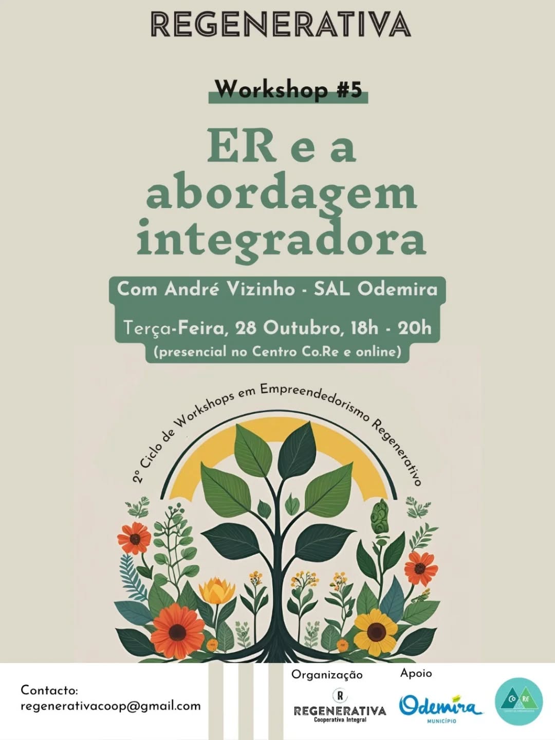 ➡️ 5°WORKSHOP EM EMPREEDEDORISMO REGENERATIVO com André Vizinho
📆 28 Outubro, 18h
📍 @centro_co.re, São Luís
A REGENERATIVA realiza o seu 5º workshop em Empreendedorismo Regenerativo, na terça-feira 28 de outubro, pelas 18h, no Centro CoRe, em São Luís (Odemira), convidando André Vizinho (co-fundador da Regenerativa e coordenador dos projetos ReMontado e SAL Odemira) para falar das abordagens integradoras em projetos à escala local.
O workshop irá focalizar os aspectos-chave da abordagem sistémica (‘system thinking approach’), em geral e aplicada a projetos de Sistemas Alimentares Locais (SAL), culminando com o caso do projeto ‘SAL Odemira’ - o qual foi publicamente apresentado na passada quinta-feira, tendo em curso uma campanha de inquérito a produtores e consumidores - promovendo uma conversa aberta com a equipa do projeto e os participantes do workshop quanto aos pontos críticos e de alavancagem atual do sistema.
No final, será feito um exercício prático transportando esta abordagem para os casos concretos de projetos e ideias de negócio dos participantes.
O workshop terá uma transmissão online na plataforma zoom, com alguma interação com os participantes.
➡️ gratuito e de inscrição obrigatória.⚡️
+ informações e confirmação de presença:
📧 regenerativacoop@gmail.com
📞tmv 914075306.