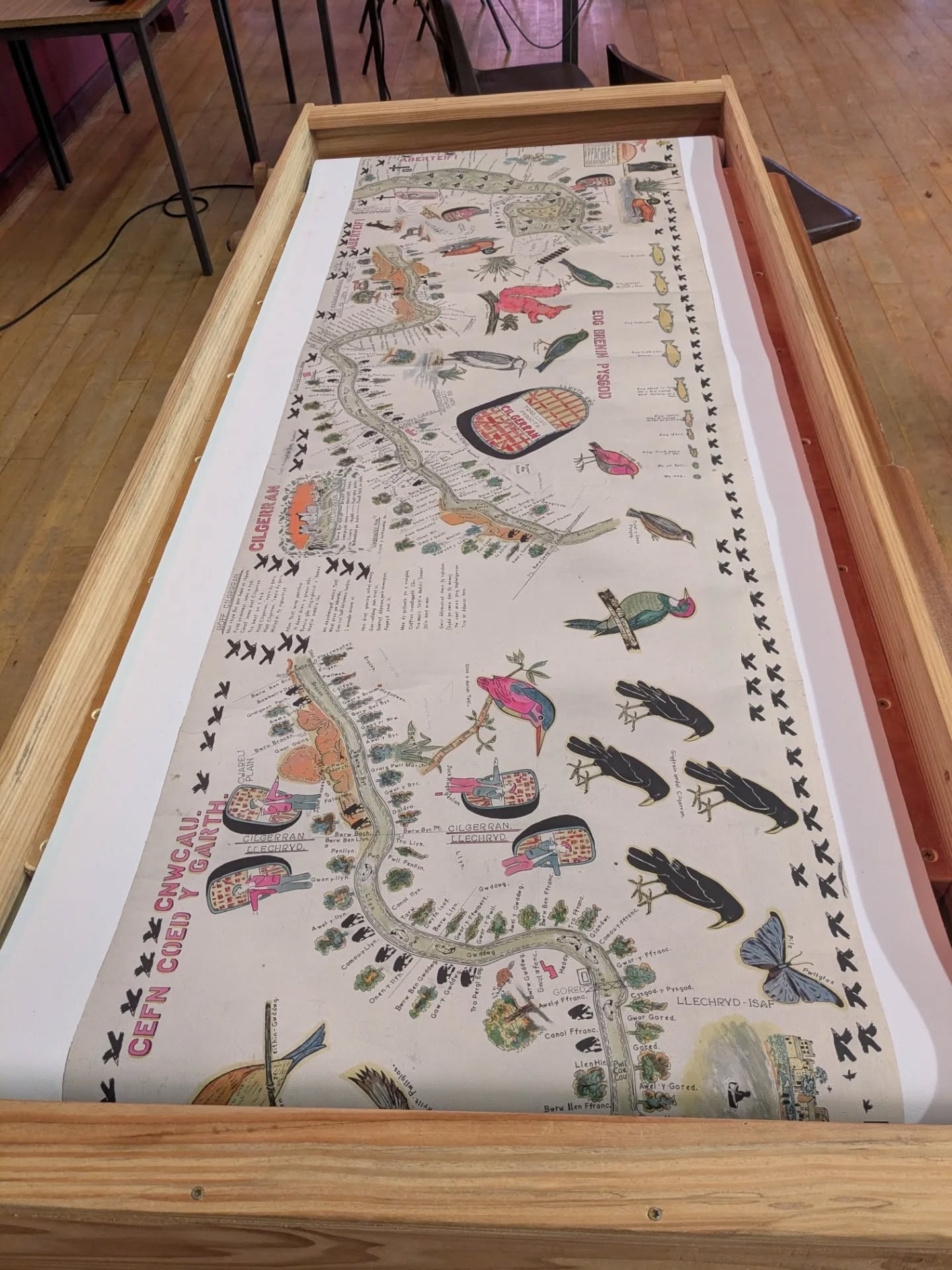 This is the most wonderful map. It took 17 years to complete from 1945. Idris Mathias, your map is the most beautiful map I have ever seen and I love a good map. The original is 60ft long and a yard wide and depicts Afon Teifi from Castell Newydd Emlyn to Aberteifi and the sea. This beautiful copy can be scrolled through and pored over for hours. The Llais yr Afon project which has produced it's own map is just as fascinating. A community project exploring ways to protect and restore this wonderful river, spearheaded by the amazing Theatre Byd Bach. Go and see both, in Cilgerran today or Llechryd or Cardigan. I couldn't make the show The Phantom Coracle at Cilgerran Castle last night involving Mari Mathias, Idris's great grand-daughter.