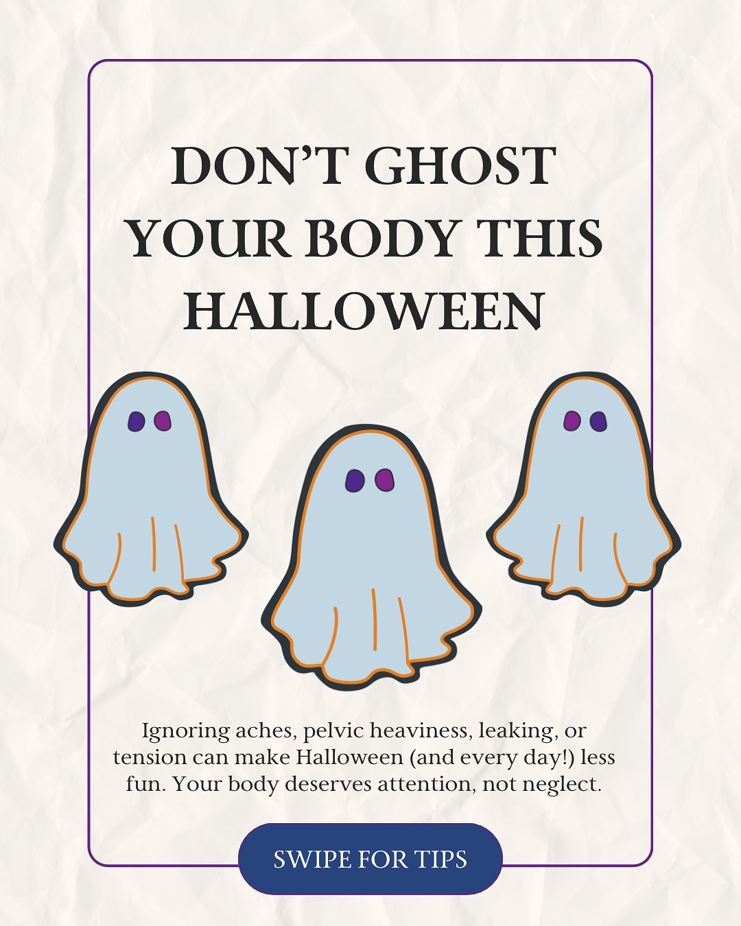 Halloween is for treats, not tricks on your body! š¬
From lifting pumpkins and carrying candy bags to long hours on your feet trick-or-treating, moms put their bodies through a lot ā and sometimes we ignore the signals.
Tips to treat your body this Halloween:
š» Protect your back & engage your core
š» Stay hydrated & snack mindfully
š» Take mini posture breaks
š» Listen to any pelvic floor or body signals
At Bliss PT & Pilates, we help you enjoy the season without pain, heaviness, or tension. Your body deserves care, not ghosting. š
#MindfulMotherhood #PostpartumRecovery #PelvicFloorHealth #PilatesForMoms #HalloweenMomTips