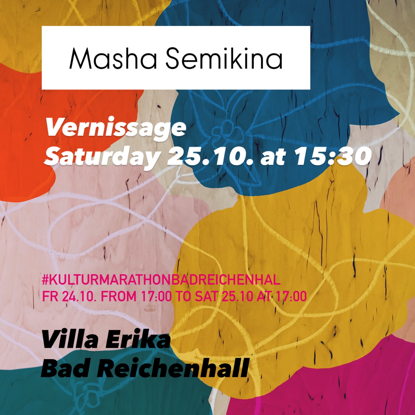I’m excited to be part of the Kulturmarathon 2025 in Bad Reichenhall! 🌟
My vernissage will take place on Saturday at 15:30 in Villa Erika.
Come by to experience a day full of art, music, and creativity — the whole town turns into a stage! 🎨🎶
