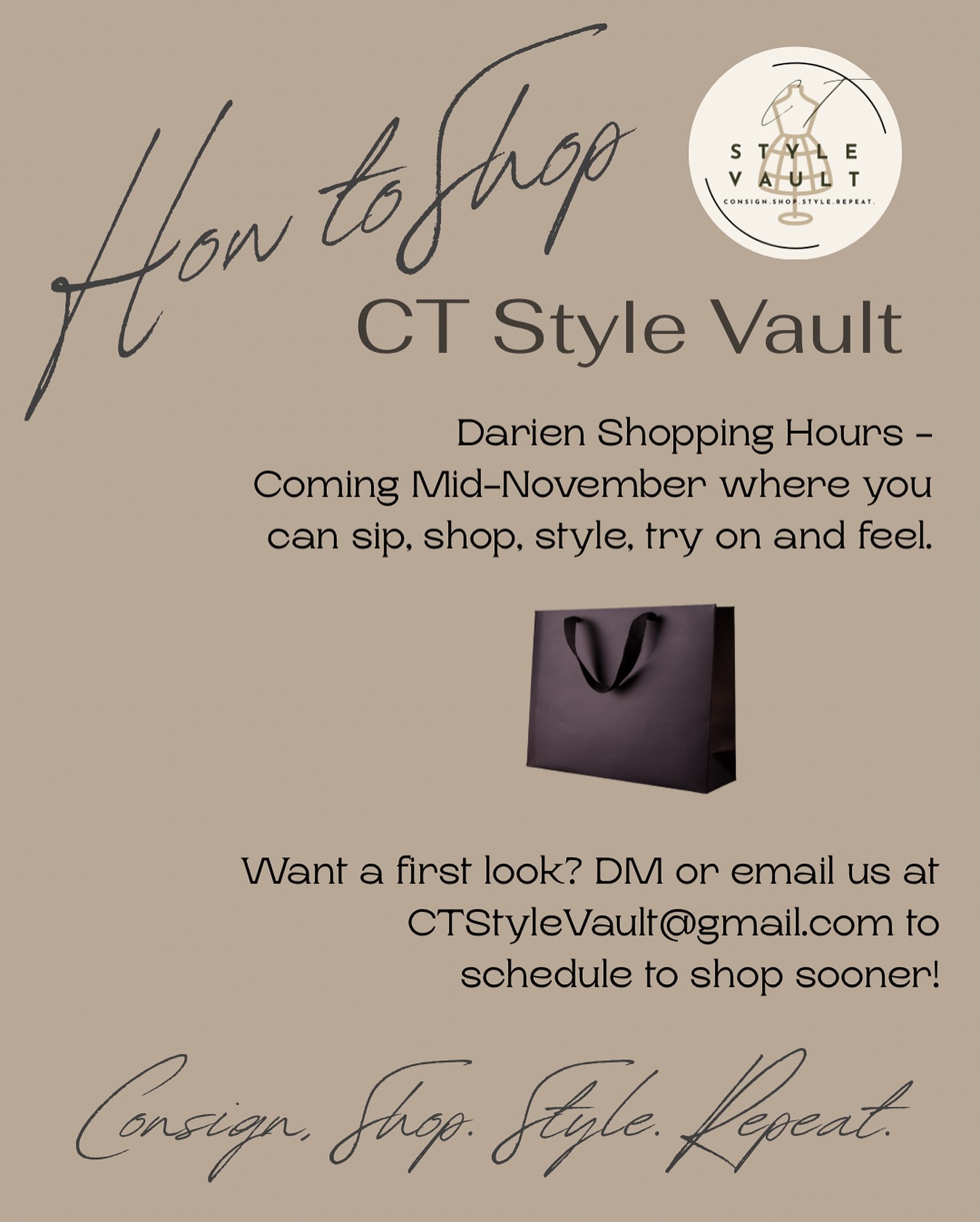 ✨ Exciting news! ✨
We’re opening the doors to CT Style Vault in mid-November ahead of the holiday season! Dates and times to be released this week.
Come shop our curated collection of dresses, blazers, cardigans, skirts, sweaters, pants, and jeans — perfect for all your upcoming events and everyday style moments.
🛍️ Want to shop early?
Send us a DM or email CTStyleVault@gmail.com to book a private appointment before our official opening.
#CTStyleVault #ConsignShopStyleRepeat #Darien #HolidayStyle #SustainableFashion