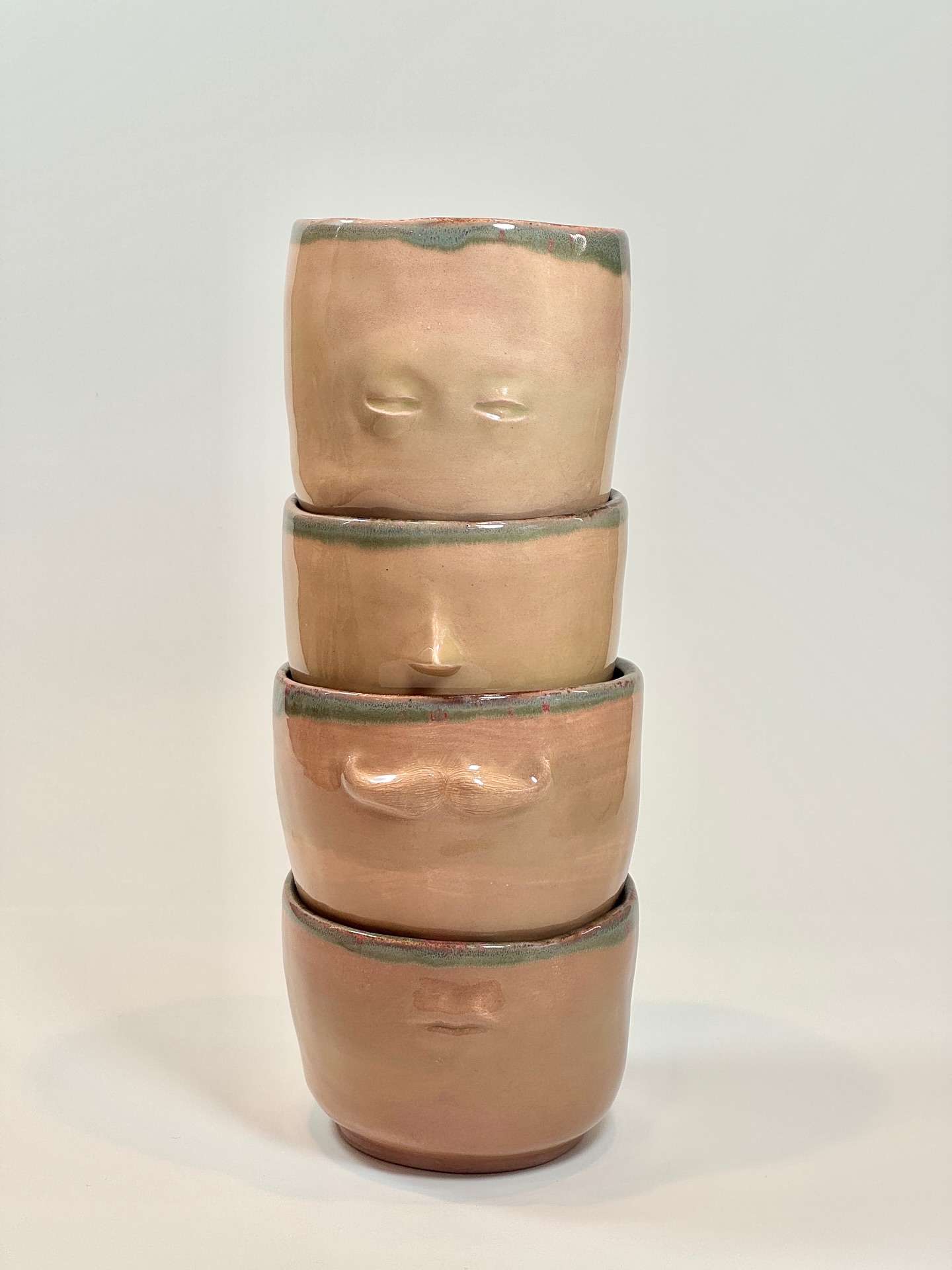 Teacup Stack 2. Ceramic teacups. Hand-formed and sculpted from low-fire Bee-Mix clay. Gradient underglaze, then glazed with glossy and crystal glazes. #ceramics #teacupstack #terralindaceramicartists