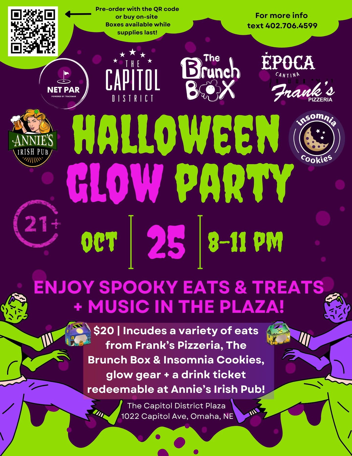 Don't forget! Our Glow Party is TONIGHT!🎉💃🌟 Join us from 8-11 PM in the Plaza for spooky eats, treats, glow gear, and music!
🎟️ Tickets are $20 and include glow supplies, food from Frank's Pizzeria, @brunchboxomaha, and @insomniacookies, and a drink ticket for @anniesirishpubomaha!🍕🍺 Plus, try your swing at @netpar_golf with glow-in-the-dark golf for your chance to win a prize! ⛳
Preorder your tickets now using the link in our bio, or purchase tickets at the door!