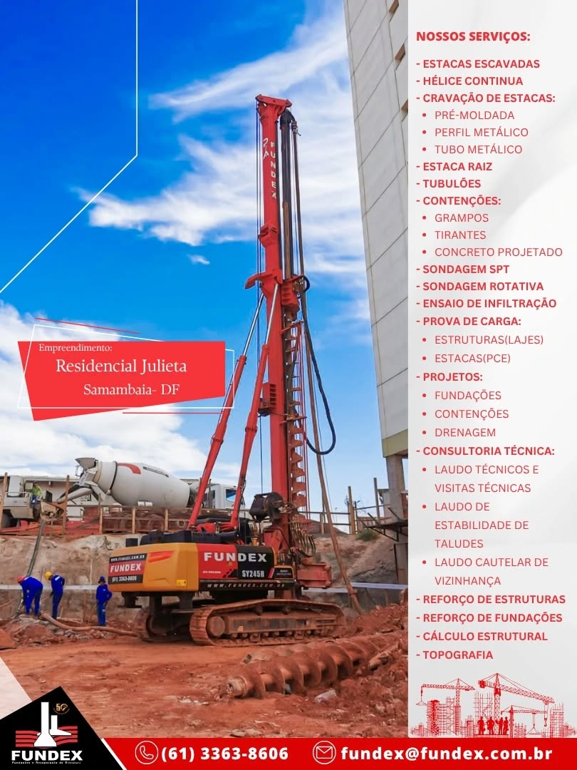 🚧 Fundex Fundações em ação!
No Empreendimento Residencial Julieta, em Samambaia - DF, estamos executando serviços com estaca hélice contínua monitorada, garantindo qualidade, precisão e segurança em cada metro cravado. 💪
Com mais de 50 anos de experiência, a Fundex segue consolidada como referência em soluções de fundações e geotecnia, entregando resultados que sustentam grandes projetos pelo Brasil. 🏗️
✅ Comprometimento
✅ Tecnologia
✅ Qualidade Fundex
#Fundex #Fundações #Geotecnia #EstacaHéliceContínua #EngenhariaCivil #Construção #Obras #FundaçãoProfunda #SamambaiaDF #Brasília #ObrasComQualidade #EngenhariaQueSustenta #fundexfundações