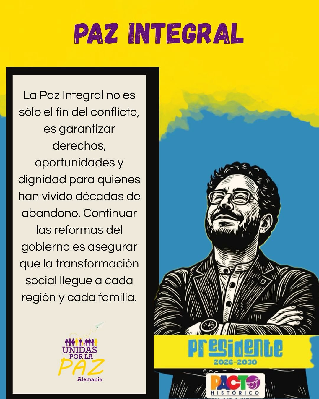 Este 26 de Octubre nuestro apoyo va a Iván Cepeda. Por su compromiso incansable con la Paz y por las víctimas del país.
Su modelo de gobierno desde la ética y la justicia material.
Su compromiso de continuar con las reformas sociales del gobierno actual.
Y su papel y contribución en la construcción de procesos colectivos y organizativos desde las bases.
Como parte de la diáspora colombiana organizada apoyamos su candidatura también con propuestas para los colombianxs en el exterior.
#ivancepedanosune