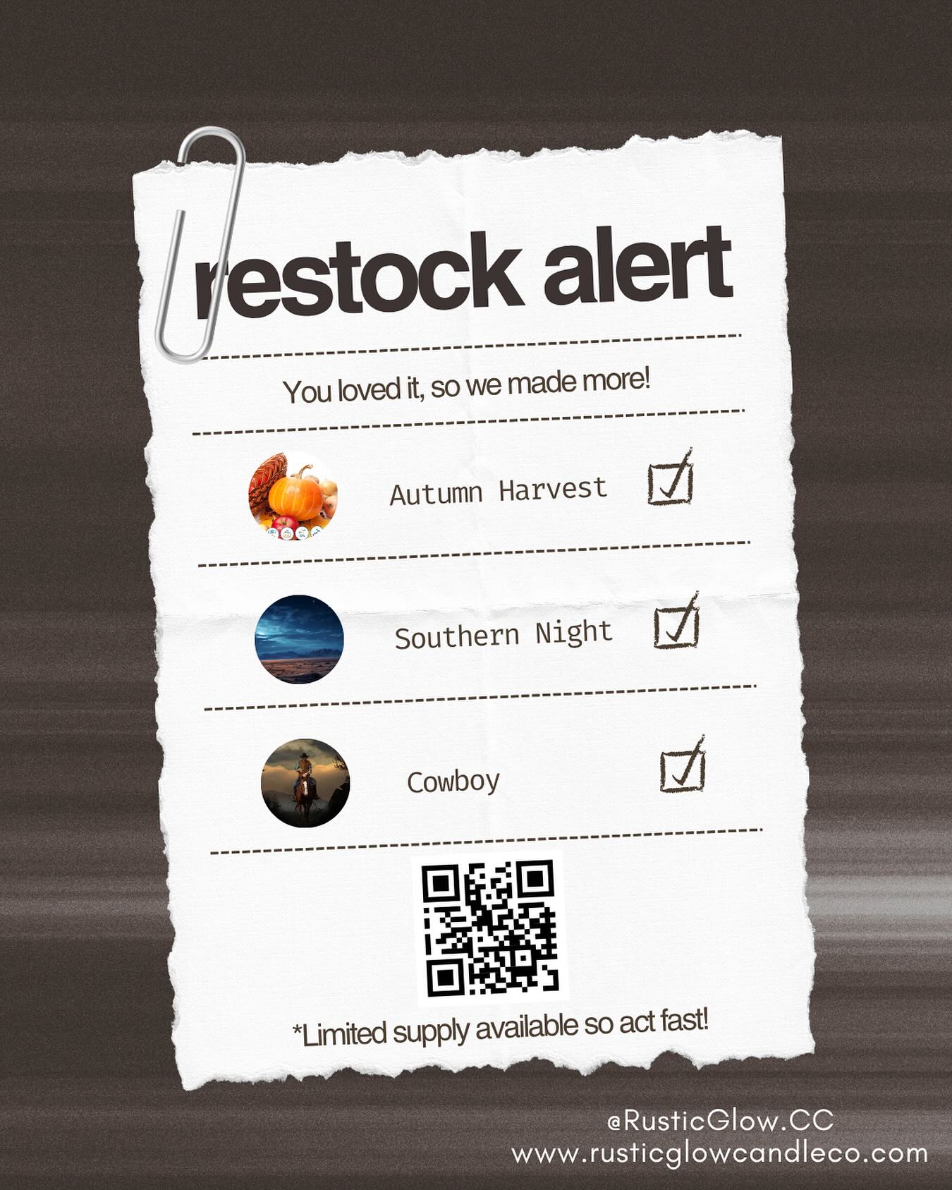 ✨ You loved ’em… so we made more! ✨
Our 3 best-sellers are officially back in stock and ready to ship — but not for long 👀
🕯️ Grab your favorite Rustic Glow fragrance before it sells out again!
And if you’re local, come see (and smell) us Friday, November 7th in Downtown Celina for the last Friday Night Market of the year!
Let’s end the season glowing 💛
#RusticGlowCandleCo #CandleLovers #CelinaTX #ShopSmall #FallCandles #BackInStock