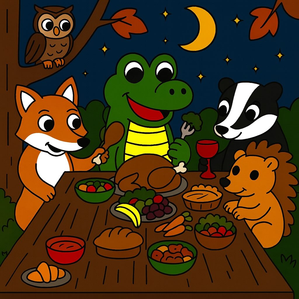 A cozy woodland feast under the moonlight 🌙✨
The Bristol Crocodile and friends gather for a night of laughter, friendship, and good food beneath the autumn leaves. 🐊🦊🦡🦔
#Hashtags:
#BristolCrocodile #ChildrensBookIllustration #PictureBookArt #AutumnNights #WoodlandFriends #CrocodileAdventures #CliftonSuspensionBridge #BristolArtist #KidsBooksUK #IllustratorsOnInstagram #StorybookMagic #CosyEvening #AnimalIllustration #BritishWildlife