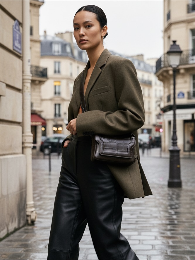 Siła prostoty. Czasem wystarczy dobrze skrojona marynarka, skórzana torebka i pewność siebie.