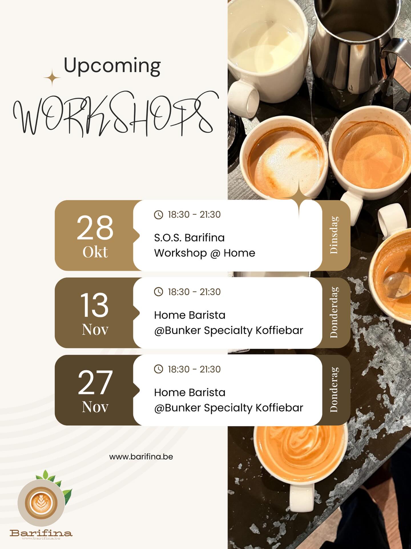 De geur van versgemalen koffie, het gesis van opstomende melk en een gezellige sfeer vol koffieliefhebbers, dat is onze Home Barista Workshop!🤎
Ontdek:
🌱 het verhaal achter (specialty) koffie
⚙️ hoe je je molen perfect afstelt
🥛 melk opstomen als een pro
🎨 je eerste latte art (ja, dat kan jij ook!)
Kom lachen, leren en genieten en neem de ultieme koffiebeleving mee naar huis.
📍 @bunkergenk Specialty Koffiebar
📅 Nieuwe data online!
👉 Schrijf je in via www.barifina.be of stuur ons een DM.
#barifina #homebaristaworkshop #specialtycoffee #genk #coffeevibes #latteart #barista #baristalife #coffeeworkshop #sage