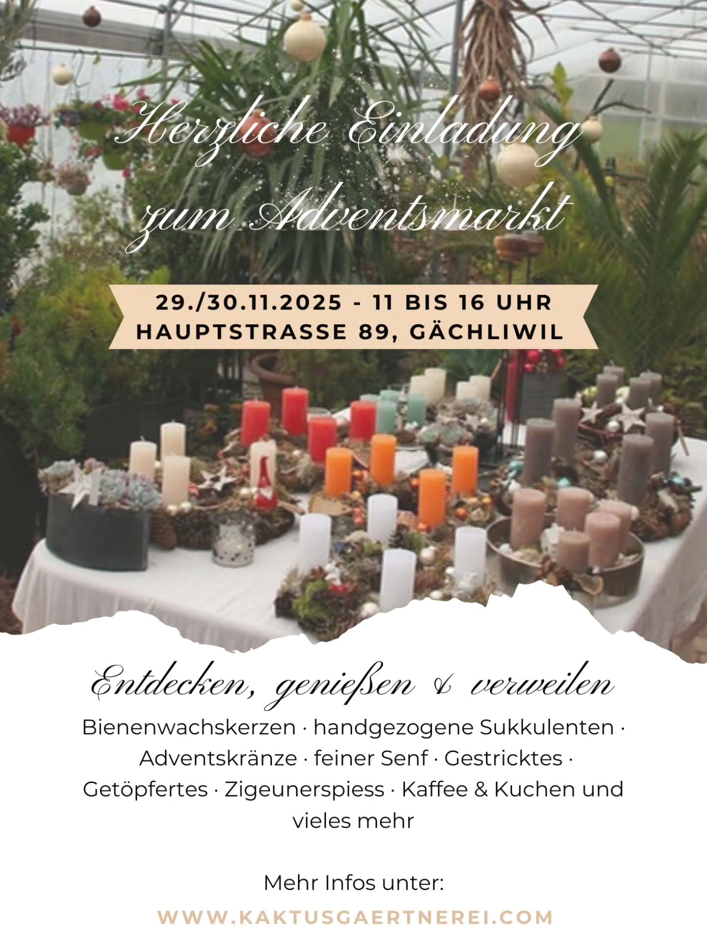 🌵🎄 Adventsmarkt in der Kaktusgärtnerei 🎄🌵
Ein Adventsmarkt der besonderen Art – zwischen leuchtenden Kakteen, Handwerk & Lichterglanz!
🕯️ Handgezogene Bienenwachskerzen, Adventskränze & Gestecke
🔥 Zigeunerspieß vom Grill, Holzofenbrot, Kaffee & Kuchen
🎁 Handgemachtes, Getöpfertes, Gestricktes & Flohmarkt mit Schätzen aus vergangener Zeit
Komm vorbei und genieße Adventsstimmung in einzigartiger Atmosphäre! 💫
👉 Mehr Infos:
Link in bio
#handmade #kaktusgaertnerei #adventsmarkt #handmadevibes #handgemacht #sukkulentenfreunde