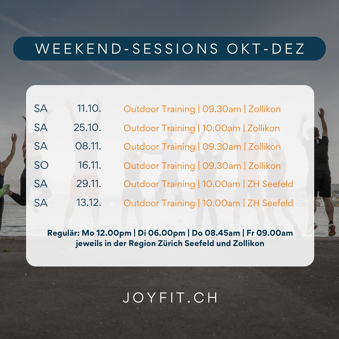 WEEKEND-SESSIONS OKT-DEZ🗓️😍 uuund deine regulären Trainings natürlich💪😀
• Montag 12.00, Lake Side, Zürich Seefeld
• Dienstag 18.00, Schulhaus Oescher, Zollikon
• Donnerstag 08.45, Schulhaus Oescher, Zollikon
• Freitag 09.00, Badi Tiefenbrunnen, Zürich Seefeld
👉 Link in der Bio!
#joyfit #joyfittraining #outdoortraining #outdoorworkout #fitness #sport #training #onlinefitness #onlinetraining #fitnesstraining #grouptraining #bootcamp #zollikon #zollikonzürich #fitness #fitnessmotivation #fitnesslife