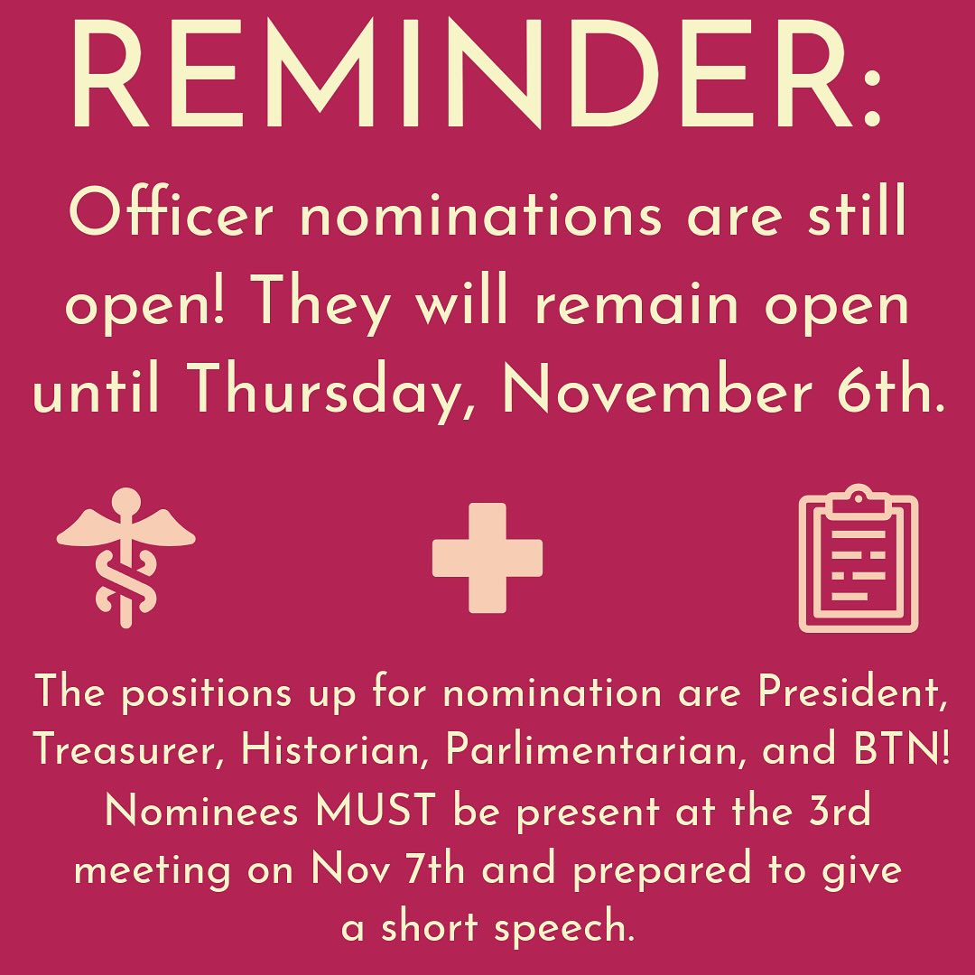 Wanting to be a ULSNA officer? 🤟❤️
Officer nominations are still being taken! You can nominate yourself or someone else who is okay with being nominated!
Nominees must be an active member of ULSNA and have at least 1 community service point!
Nominations will close on Thursday, November 6th. If nominated, please prepare to give a small speech at the last meeting!