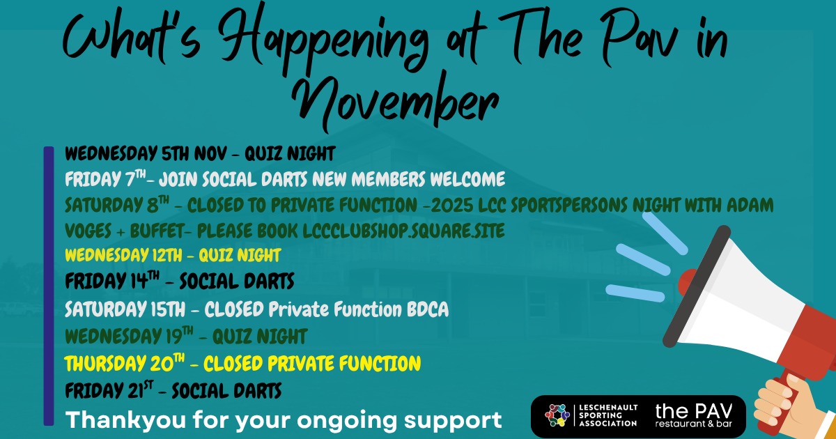 ๐ Whatโs On at The Pav this November! ๐
Itโs shaping up to be a huge month at The Pav!
๐ง Quiz Night with the Groovemasters โ get your team together for a night full of laughs and trivia fun!
๐ฏ Social Darts every Friday night โ new players and members always welcome!
๐ค Special Guest: Spokesperson Adam Voges โ joining us on Friday 8th November!
So grab your mates, head down to The Pav, and be part of the action all month long! ๐ป