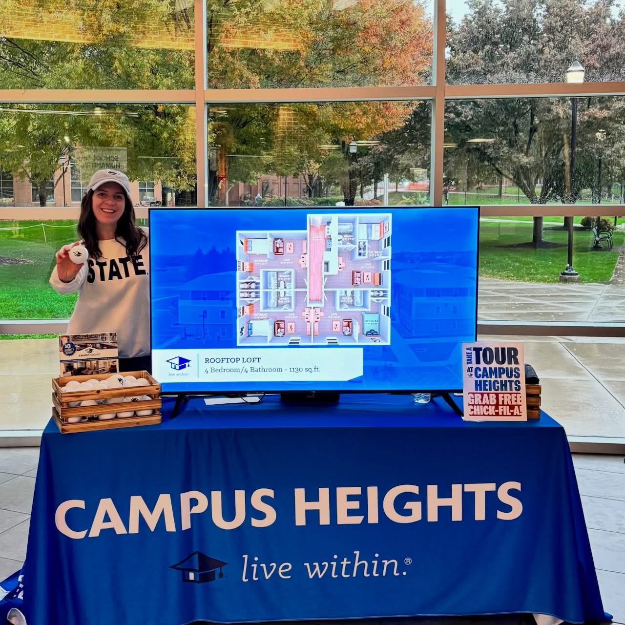 Day 2 offering tours to PSU Harrisburg students looking for housing for 2026-27. We are in the Olmsted Atrium from 11-1. Stop by, say hi, and take a tour at Campus Heights. The first 25 tours get lunch on us! Don’t worry, we brought the umbrellas and ponchos! #livewithin #collegetowncommunities #studenthousing #psuhbg