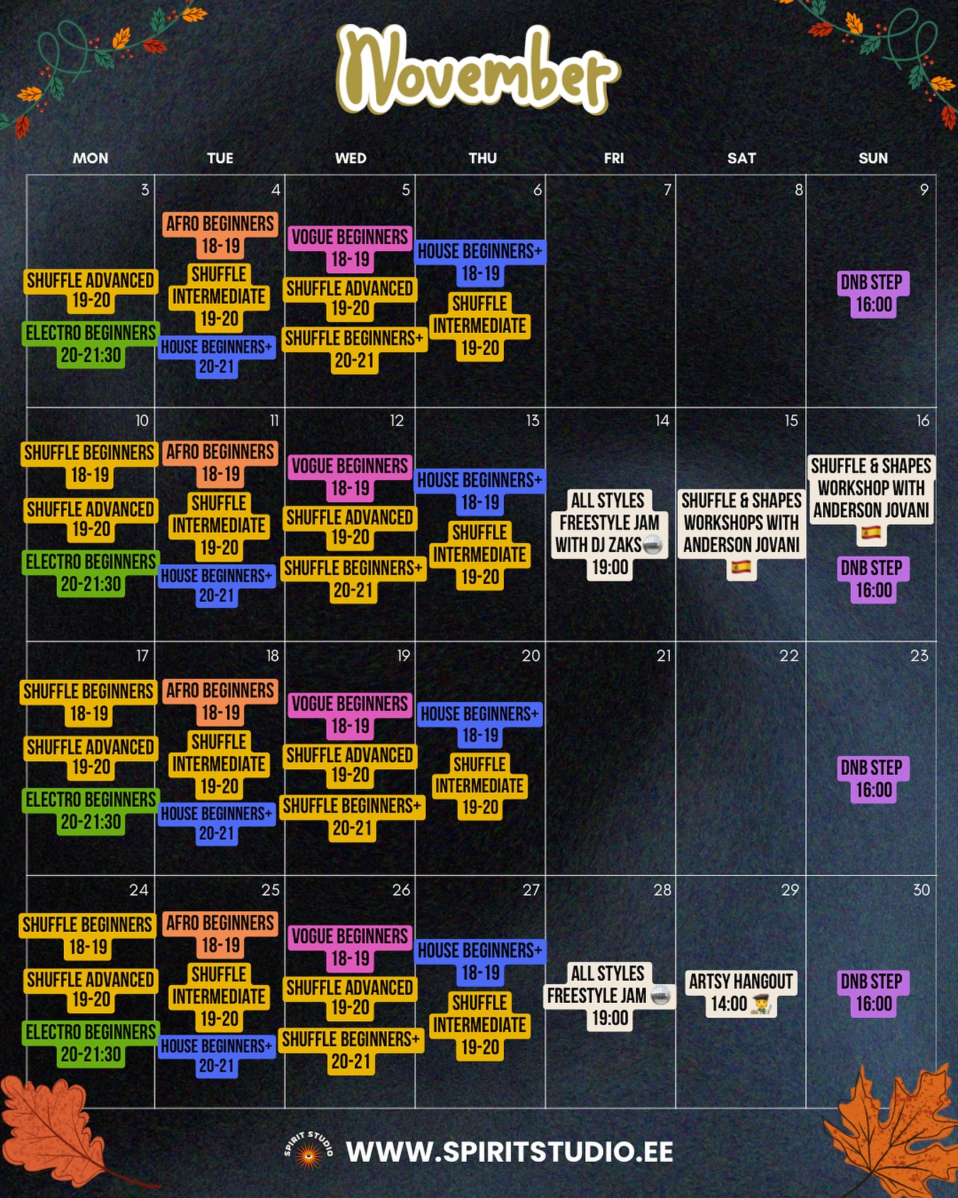 ๐ย NOVEMBER SCHEDULE ๐
Weโre packed with fun events and classes this month ๐คฉ
โจย Whatโs new?
๐ฑย Mon, Nov 10th - New Shuffle & Shapes beginners course with @jkarjus starts
๐งย Fri, Nov 14th at 19:00-22:00 - Freestyle Jam with @djzaksarcers
๐ช๐ธย Sat & Sun, Nov 15th & 16th - Shuffle & Shapes workshops with @anderson_jovani
๐งโ๐จย Sat, Nov 29th at 14:00 - Artsy hangout for our Spirit students
Looking forward to dancing and hanging with you this month๐คฉ
