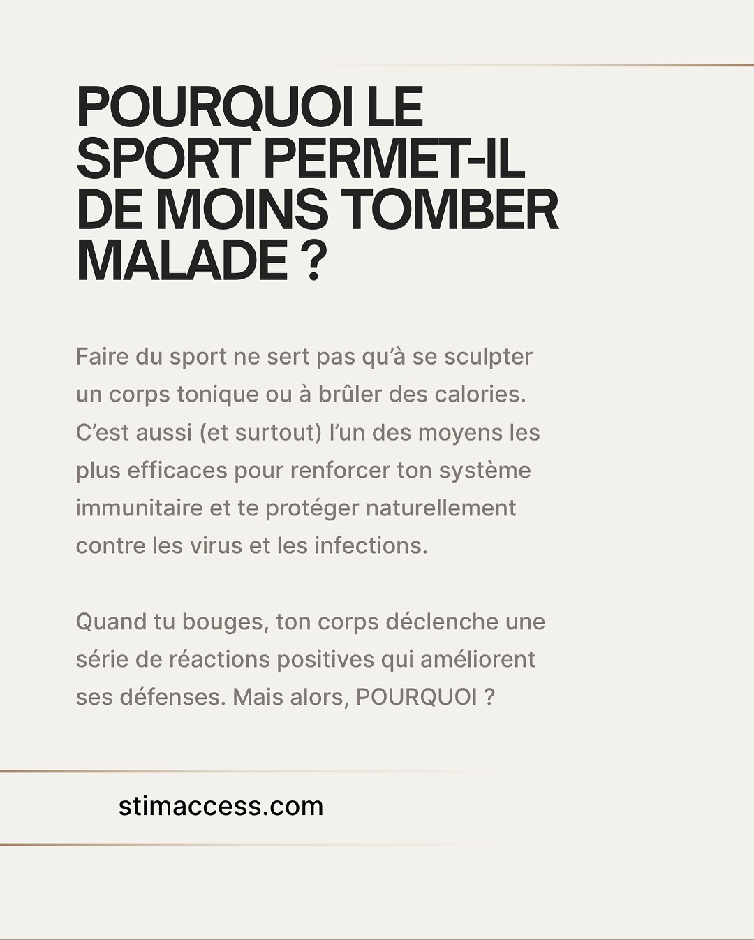 POURQUOI LE SPORT PERMET-IL DE MOINS TOMBER MALADE ? ✨
Le sport :
- Stimule la circulation des cellules immunitaires
- Réduit le stress et l’inflammation
- Améliore le sommeil et l’équilibre hormonal
- Renforce les défenses naturelles de ton organisme
Alors cet hiver, garde ton corps actif 💪🏼
Chaque séance, chaque contraction, chaque mouvement est un acte de prévention santé.
Et avec STIM ACCESS, tu peux le faire efficacement, sans contrainte, en seulement 20 minutes !🤍
#electrostimulation #santénaturelle #sport #stimaccess