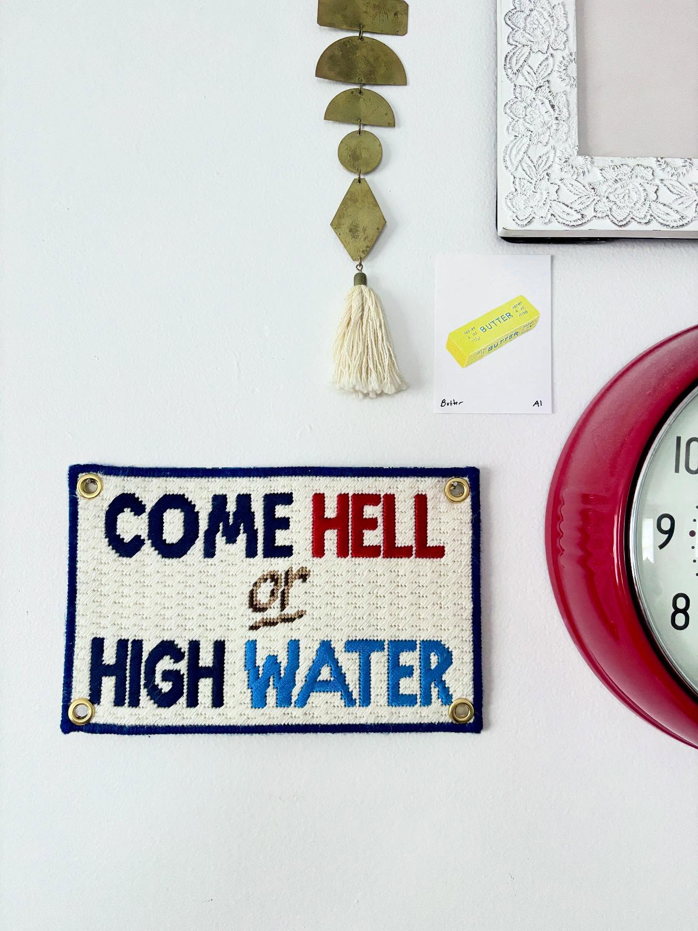 Experimental Saturday: tried a camp flag finish on this forthcoming canvas with grommets, Heat & Bond, and a PRAYER (several).
Some takeaways:
I knew I didn’t want cording so the edges are exposed if you look closely. I’ll definitely have a binding stitch added before I try this again.
I added one layer of batting but I think I’ll skip it next time. I like the added depth but the canvas itself is sturdy enough.
I sewed the layers together with invisible thread (Guterman) in the well of the stitching between the background and the navy border. This helped hide it but it left an open edge so you can see the canvas if you really examine it.
I really love this style but it needs some work before I give any type of advice or tutorial, just wanted to spread the gospel of experimentation! Had this rattling around for way too long and so happy I put my fingers to work.