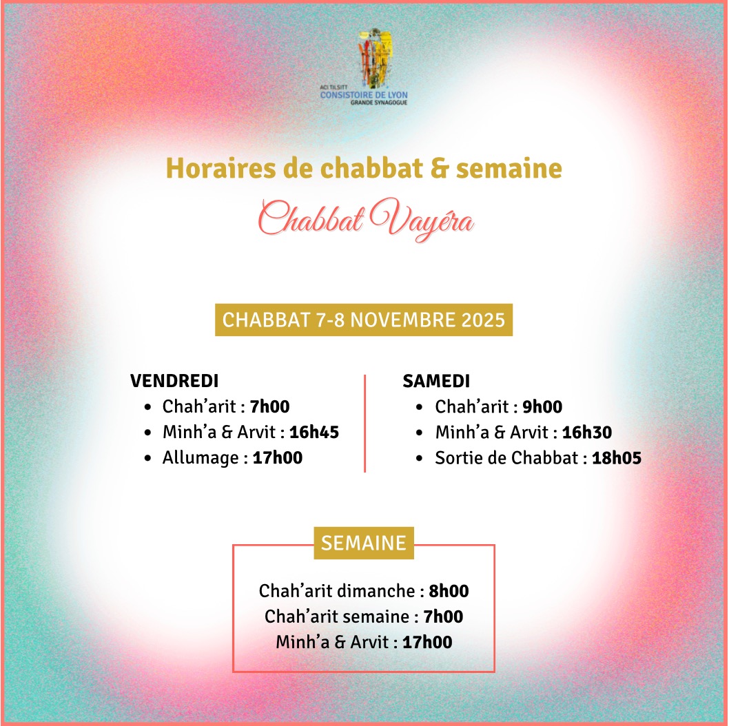 Horaires de Chabbat Vayéra à la Grande Synagogue de Lyon.
Chabbat chalom !
#grandesynagoguedelyon #acitilsitt
#horaireschabbat #chabbat #chabatchalom #communautejuive #juif