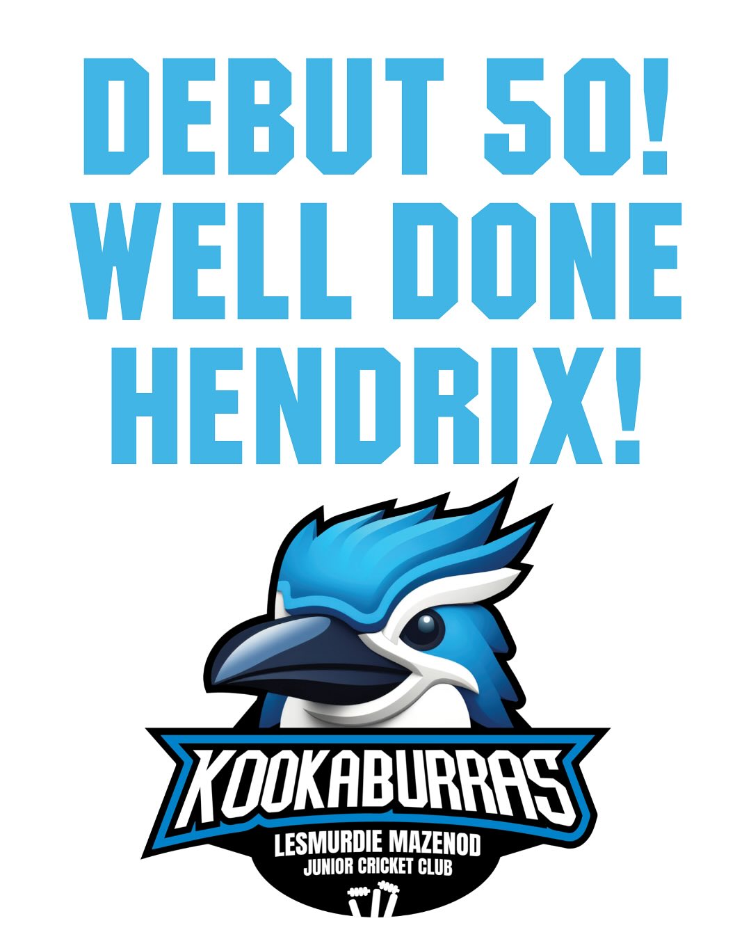 π₯π₯ GREAT WORK FROM A KOOKABURRA! DEBUT 50 - LETβS GO! π₯π₯
Our first 50 of the season comes from Hendrix Yates in our U12 Blue team. Hendrix hit 10 classy boundaries in his 53 off 41 balls as he helped his team to a massive score of 6/237.
Well done Hendrix!