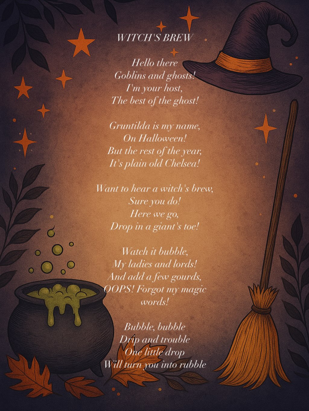 🎃 Happy Halloween! 👻
Today we’re sharing a poem written by Chelsea in middle school. Even at a young age, Chelsea had a gift for words and imagination. Reading it today still reflects her playful and witty spirit.
She has always loved mystery, scary stories, and all things witches. It feels right to share this poem and celebrate the magic she brought into our lives.🧙♀️ 🪄