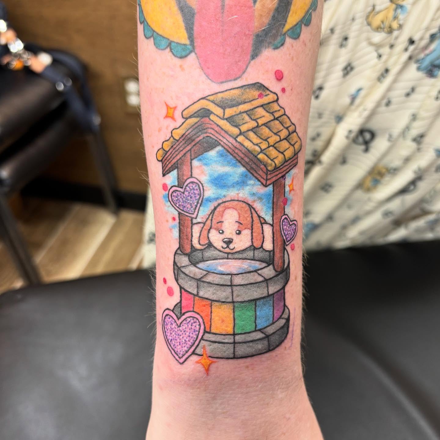 Highlight of my career…. The webkinz wishing well!! Straight from my childhood, this was so so fun to do. Aaaaaallll the 2000s nostalgia tattoos, please!! 🐶 🌈 #tattoo #nostalgia #nostalgiatattoo #webkinz #webkinztattoo #y2k #y2ktattoo #colortattoo #queertattooartist
