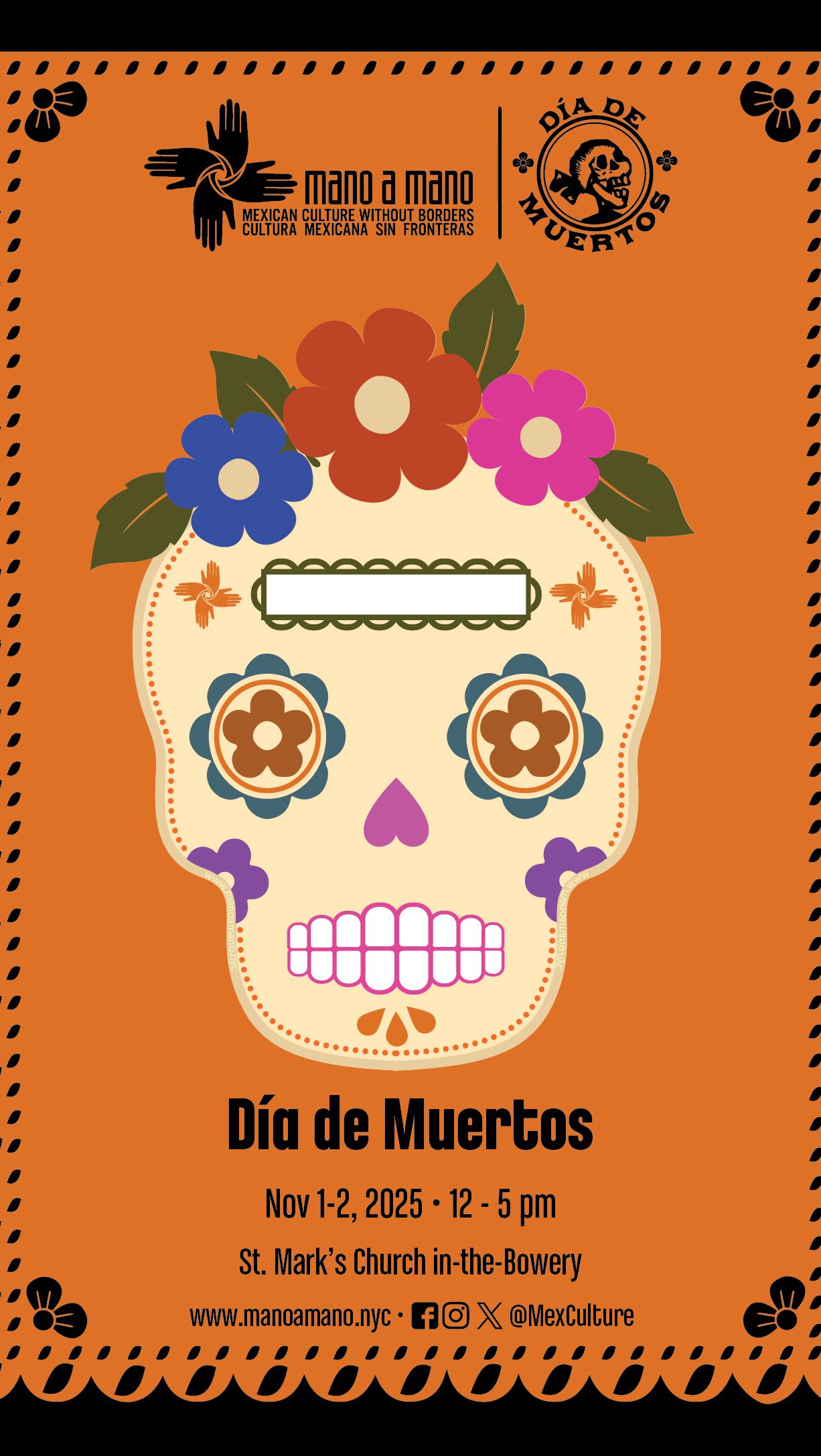 The Day of the Dead celebration at St. Mark’s features a large Ofrenda for honoring loved ones with pictures and letters. Enjoy workshops, a marketplace, food for sale, and performances by Cetiliztli Nauhcampa, Oaxacan singer Nylzher, ending with a performance by Mariachi Hidalgo on Sunday.
Naming the Lost Memorials will display the COVID Memorial on the fence of St. Mark’s from November 1-14.
Nov 1 • 12 - 4 pm
Nov 2 • 12 - 5 pm
St. Mark’s Church in-the-Bowery
131 E 10th St, New York, NY 10003
--
La celebración del Día de Muertos en St. Mark’s incluye una gran ofrenda para honrar a los seres queridos con fotos y cartas. Disfruta de talleres, un mercado, venta de comida y presentaciones de Cetiliztli Nauhcampa, la cantante oaxaqueña Nylzher, terminando con una presentación de mariachi el domingo.
Naming the Lost Memorials exhibirá el Memorial COVID en la cerca de St. Mark’s del 1 al 14 de noviembre.
#DiadeMuertosNYC #DayoftheDeadNYC #DiadeMuertos #DayoftheDead #MexCulture
#NYCulture #NYSCA
#CulturaMexicana #MexicanCulture #MexicoinNewYork #MexicoenNuevaYork