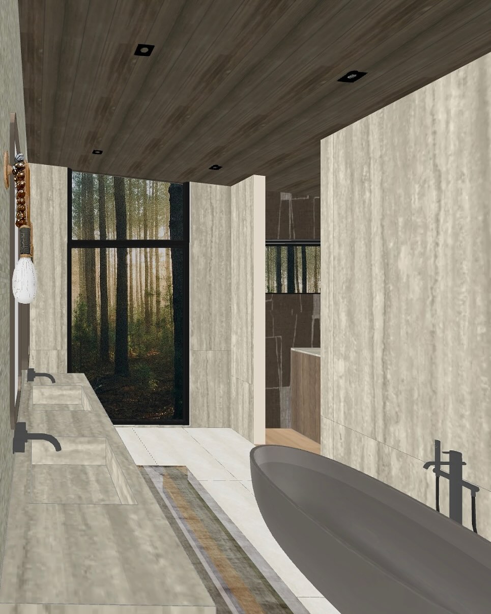 Mountain Modern Primary Bath..it’s fun to design a bathroom with a forest view! This render shows the final selections:) travertine wall cladding with matching vanity and integrated sinks, agate wall sconces, timber ceiling. Hand crafted materials and execution are understated elements of luxury. Grateful to create with stunning materials:)MM