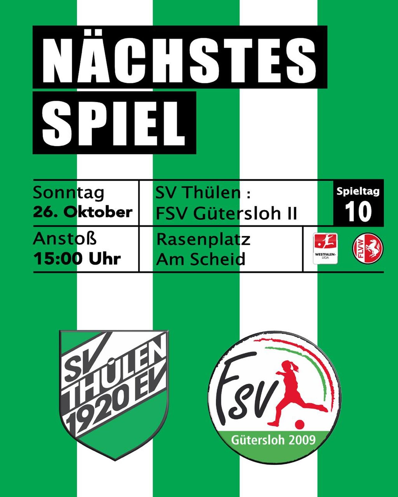 ⚽ Schlusslicht aus Gütersloh zu Gast am Thülener Scheid ⚽
Am 10. Spieltag der Damen-Westfalenliga präsentiert sich mit dem FSV Gütersloh 2009 II das aktuelle Schlusslicht am Thülener Scheid.
In der vergangenen Saison ist die Zweitvertretung des FSV Gütersloh 2009 noch in der Regionalliga West auf Torejagd gegangen und hat die Saison auf dem 9. Tabellenplatz beendet.
Da aber die erste Mannschaft des FSV als Tabellenletzter den Gang von der 2. Bundesliga in die Regionalliga West nehmen musste, musste der FSV II dort Platz machen und einen Zwangsabstieg in die Westfalenliga hinnehmen.
Die Abstiege haben dem Frauensportverein aus der Kreisstadt nicht gut getan.
Zahlreiche Abgänge machen dem Club aus OWL das Leben sehr schwer.
Besonders die Reservemannschaft hat mit personellen Problemen zu kämpfen.
Das spiegelt sich auch in der aktuellen Tabellensituation wider.
Mit 3 Punkten und einem Torverhältnis von 3:45 belegen die Gäste momentan den letzten Platz (14.) in der Tabelle.
Die Fußballdamen des SV Thülen, aktuell Tabellenelfter, wollen mit dem Abstieg nichts zu tun haben und hoffen, auch das nächste wichtige „6-Punkte-Spiel“ für sich entscheiden zu können.
Das wäre dann der erste Saisonsieg auf heimischen Geläuf.
Anstoß der Partie ist am Sonntag, 26.10.25, um 15 Uhr auf dem Rasenplatz in Thülen.