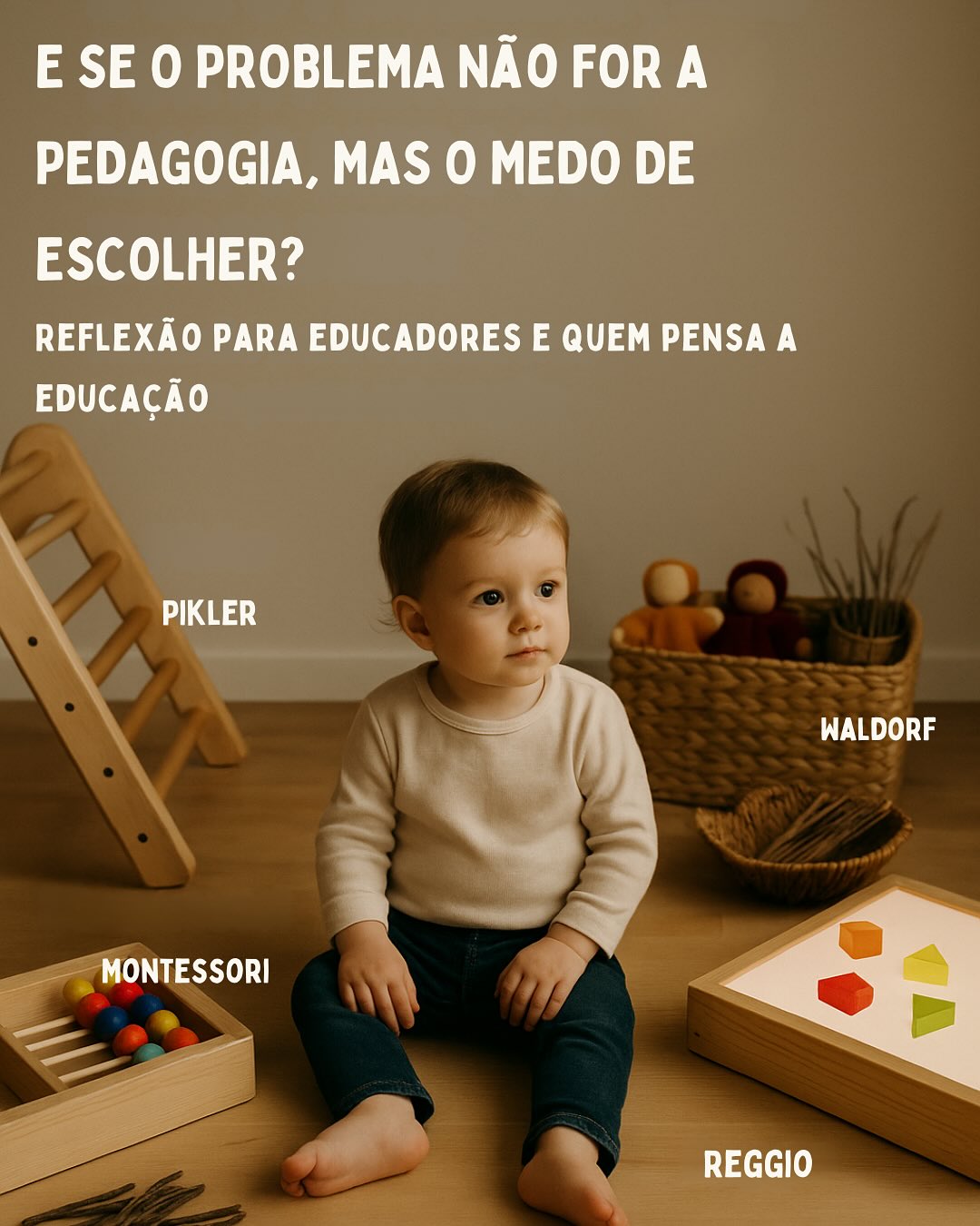 E se o problema não for a pedagogia, mas o medo de escolher?
Ed Tronick mostrou que bebés Quechua (imobilizados nas costas da mãe) e bebés Efe (cuidados por toda a comunidade) crescem igualmente bem. O que importa não é o método, é se o bebé consegue fazer sentido da sua experiência.
E se isto valesse para as escolas?
Porque é que continuamos a chamar às pedagogias Waldorf, Montessori, Reggio e outras de “pedagogias alternativas”? Alternativa a quê? O currículo nacional não impõe método, dá autonomia pedagógica.
Então porque é que as escolas têm medo de escolher?
👉 Desliza para uma reflexão sobre coragem pedagógica, autonomia e o medo de assumir uma visão de criança.
Consegues nomear a pedagogia da tua escola?
Se hesitares… este post é para ti.
É nas pequenas conversas que começa a mudança:
Já viveste o desconforto de propor algo “diferente” na tua escola?💛👇