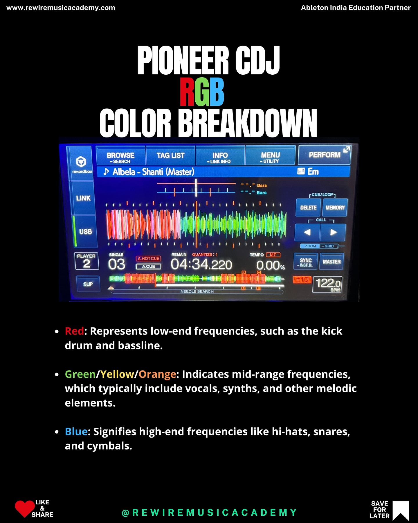 🎧 Understanding RGB Waveforms in Rekordbox
Ever wondered what the colors in your Rekordbox waveform mean?
They’re not just pretty visuals they’re your track’s frequency map ⚡
🔴 Red = Bass & Kick
🟡 Green/Yellow/Orange = Vocals & Synths
🔵 Blue = Hi-hats, Cymbals & Snares
Once you understand this color language, you can read energy and transitions visually, making your DJ sets tighter and smoother.
At Rewire Music Academy, we help students master Rekordbox, CDJs & club-ready performance skills from sound analysis to pro mixing techniques.
💡 Learn the science behind the sound.
🎚️ Master your flow.
🌐 www.rewiremusicacademy.com
📍 Gurugram, Delhi NCR | Online Worldwide
Official Ableton India Education Partner
#RewireMusicAcademy #DJTraining #RekordboxTips #LearnDJing #CDJMastery #AbletonIndia #DJSchoolIndia #DJLife #ElectronicMusic #MixingTips #DJEducation #ProDJCourse #MusicProductionIndia #DJCommunity