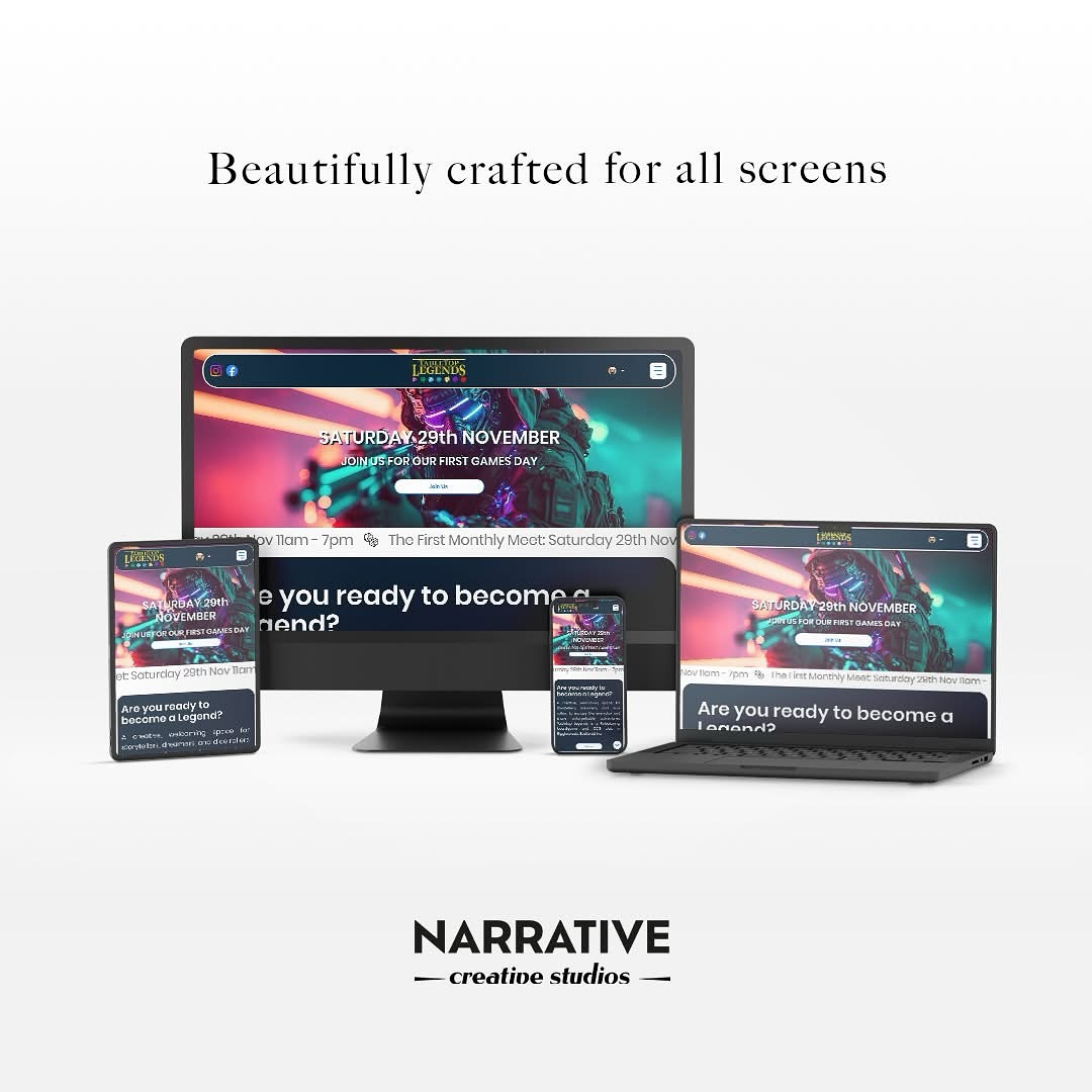 Make sure your business or club website looks stunning across desktop, laptop, tablet and mobile.
New winter offers for all budgets coming soon.
www.narrativecreativestudios.com
And check out @tabletoplegendsuk at www.tabeltoplegends.org