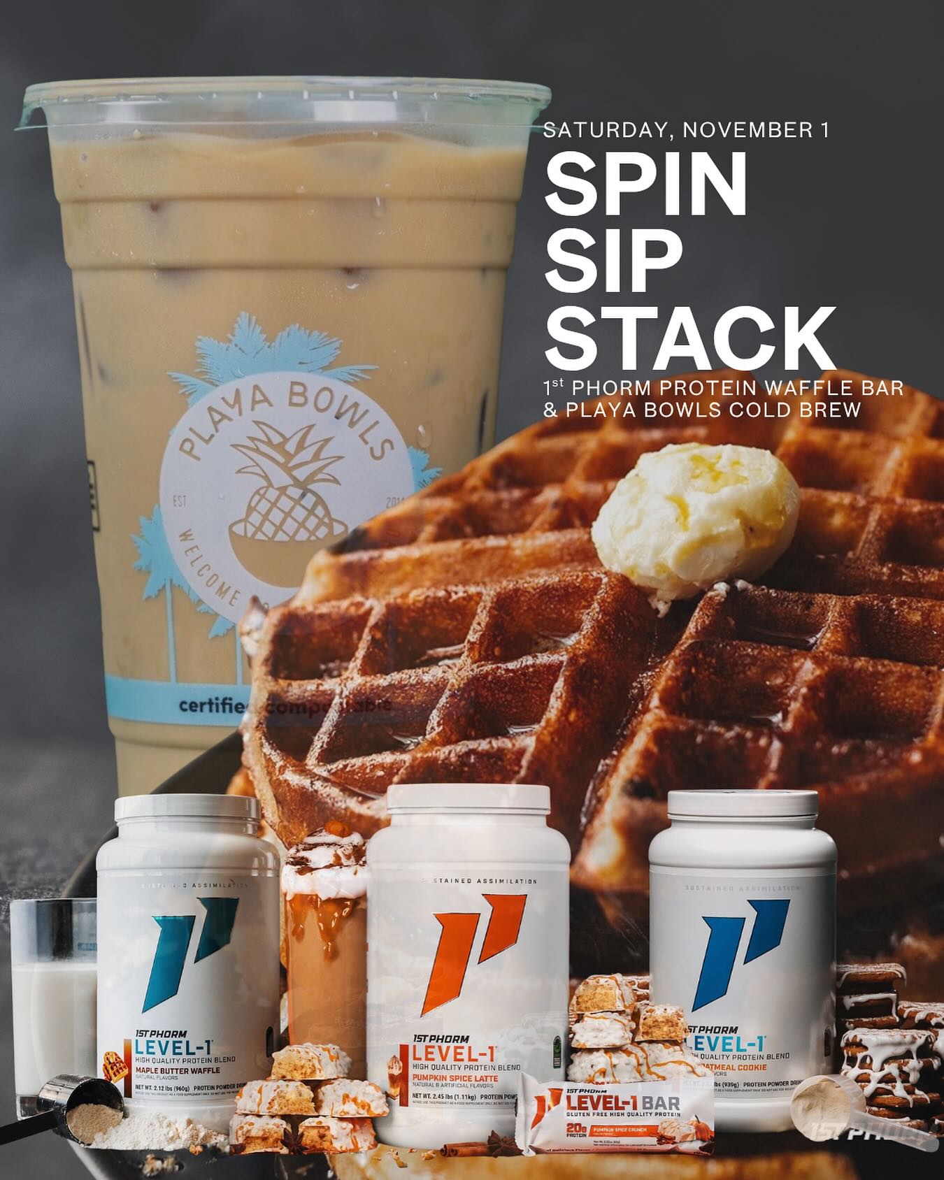 We’re riding into November strong and stacked! Join us this Saturday as we celebrate the gift of movement with post-class protein waffles and cold brew.
We’re bringing you two high-energy specialty rides, followed by a full waffle bar featuring three bold @1stphorm Level-1 flavors — Pumpkin Spice, Iced Oatmeal Cookie, and the new Maple Butter Waffle. 😋
Top them your way and pair it with refreshing @playabowlslehighvalley cold brew to keep the vibes strong all morning long.
👋🏼 , November!
