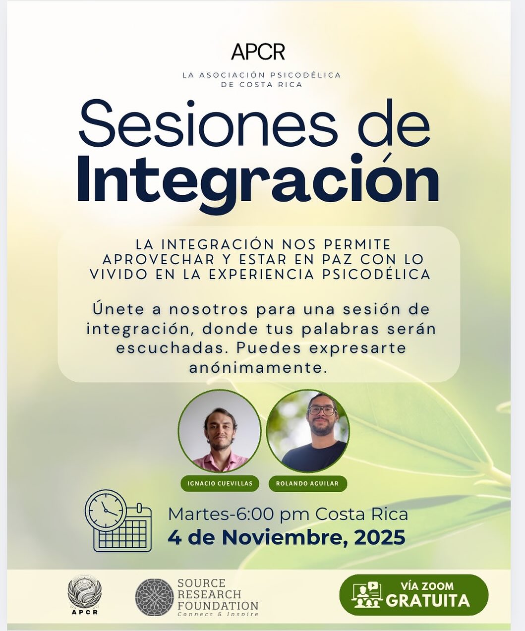 La Integración le saca provecho a tu experiencia.
La integración es el proceso para tejer lo que viviste en tu experiencia y tu día a día. Paso a paso, conversación a conversación, en este proceso llega la claridad.
✨ Tu Espacio Seguro de Integración
En la APCR sabemos que a veces, expresar esas vivencias es lo más difícil. Sobre todo si fueron en un espacio no-terapeútico o si nunca hiciste un círculo o sesion de integración de tu experiencia.
Eso que no sabes cómo ni a quién contar de tus experiencias psicodélicas, es bienvenido aquí.
Te invitamos a nuestro espacio mensual de integración:
🗓️ Martes 4 de Noviembre.
-6:00pm
🗣️ Un lugar para expresar y ser escuchado.
Puedes unirte anónimamente. Moderamos el espacio.
✅ También aceptamos preguntas sobre reducción de riesgos y de respiración en estados alterados de conciencia.
🚨 Nota Importante: La APCR no promueve el uso de ninguna sustancia.
¡Únete a la conversación!
¿Cuales enseñanzas te han dejado tus experiencias psicodélicas? Compártenos en los comentarios 🍄. https://us06web.zoom.us/j/82316188792?pwd=iJoUnIFaP3EEEMj42vvIu09ukqspEj.1