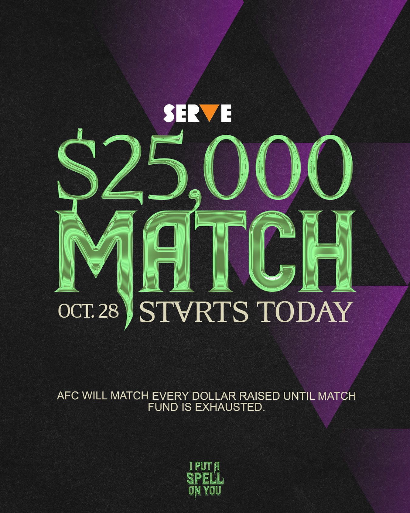 Amok? A match! AFC’s SERVE $25,000 Match Day is LIVE!
The @aliforneycenter is excited to announce the biggest match day yet! Every dollar raised to your page will be matched - doubling your fundraising impact.
The match day runs October 28th, until the match fund is exhausted.
Not sure how much of the match fund is left? Check out the match-o-meter on the SERVE homepage!
🎟️ #IPASOY10 is Streaming 10/31-11/2 via @Stellartickets | SpellOnYouNYC.com ✨
