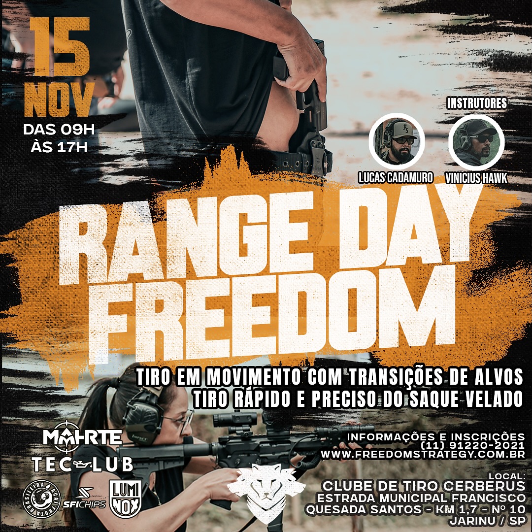 Range Day FS no Cerberus ⚡️
No dia 15 de Novembro, vamos realizar nosso Range Day no Clube de Tiro Cerberus em Jarinu.
Se nunca participou ou se já participou dos nossos treinos, convidamos para fazer parte de mais um treino cheio de fundamentos e exercícios dinâmicos.
1º Treino - 09h às 12h
Tiro em movimento com transição de alvos
2º Treino - 13h às 17h
Tiro rápido e preciso do saque velado
Você poderá adquirir seu ingresso para um período ou o combo para os dois períodos.
Para mais informações ou inscrições:
(11) 91220-2021
www.freedomstrategy.com.br
#rangedayfs #freedomstrategy #ctcerberus #clubecerberus #jarinu #jarinusp
